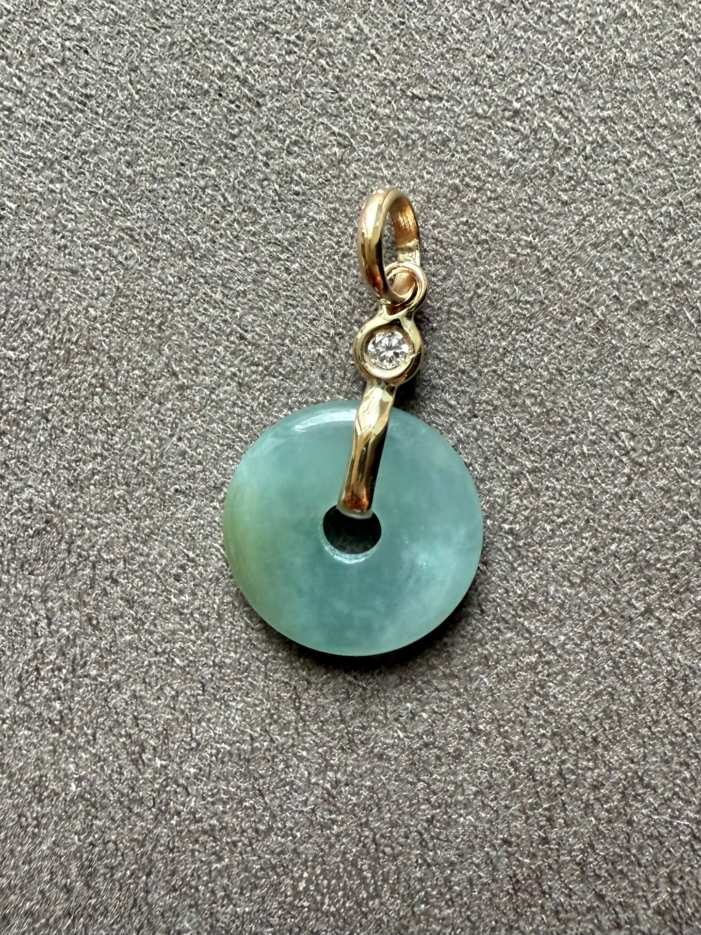 14k Solid Yellow Gold, White Diamond, Pale Green Jade “Donut” Pendant, Tiny Size