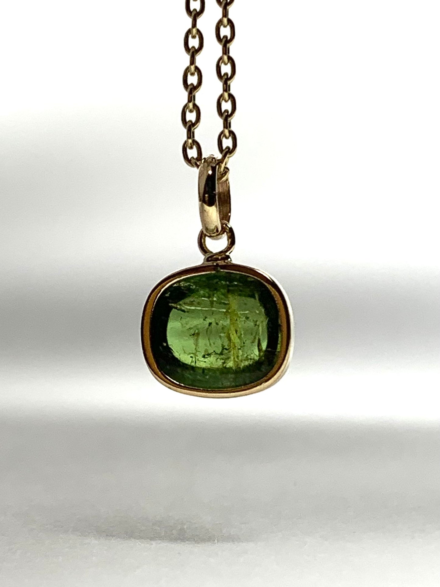 14k Solid Yellow Gold, Natural Green Tourmaline Cabochon Tiny Pendant
