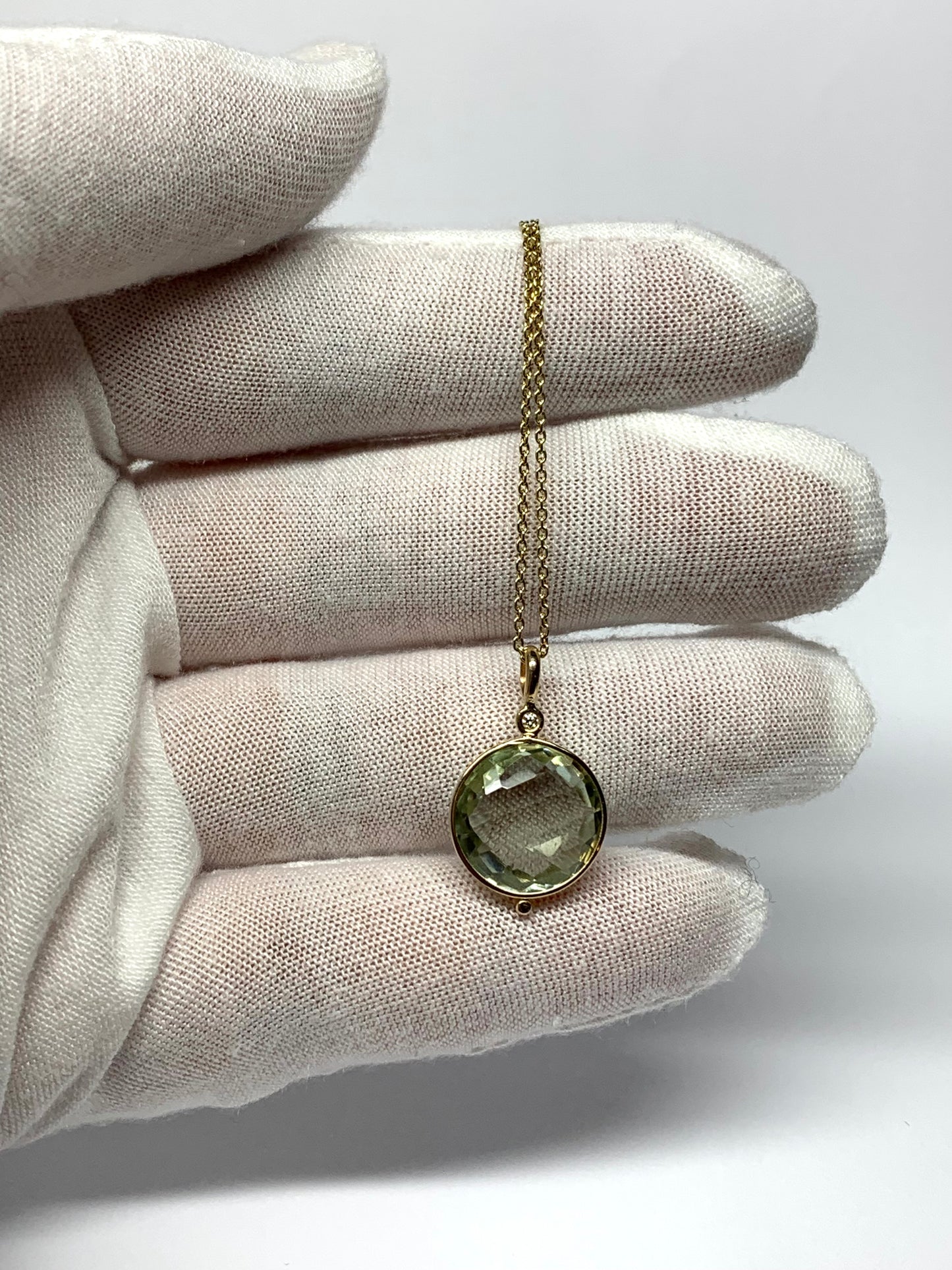 14K Solid Yellow Gold, Diamond, Round Green Amethyst Drop Pendant