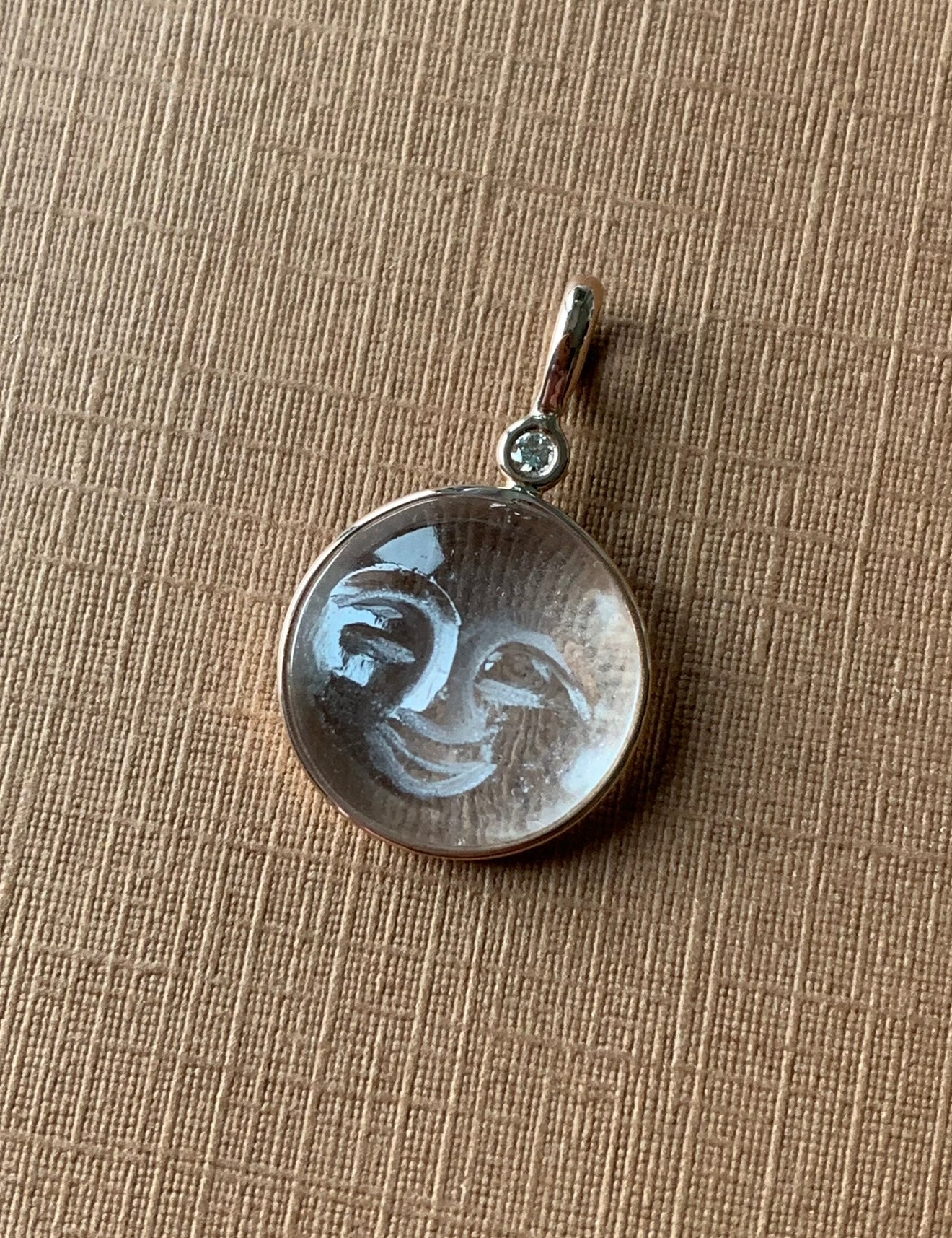 14k Solid Rose Gold, Clear Quartz, White Diamond “Moon and Star” Pendant, Carved Face, Small Size