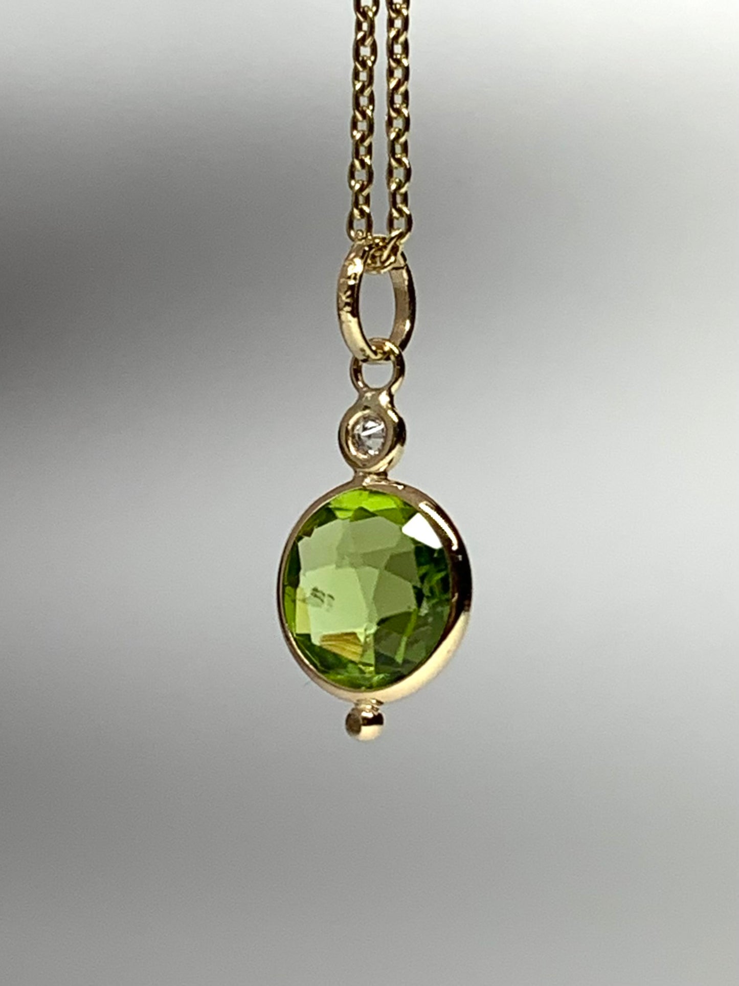 14k Solid Yellow Gold, Diamond, Green Peridot Mini Pendant