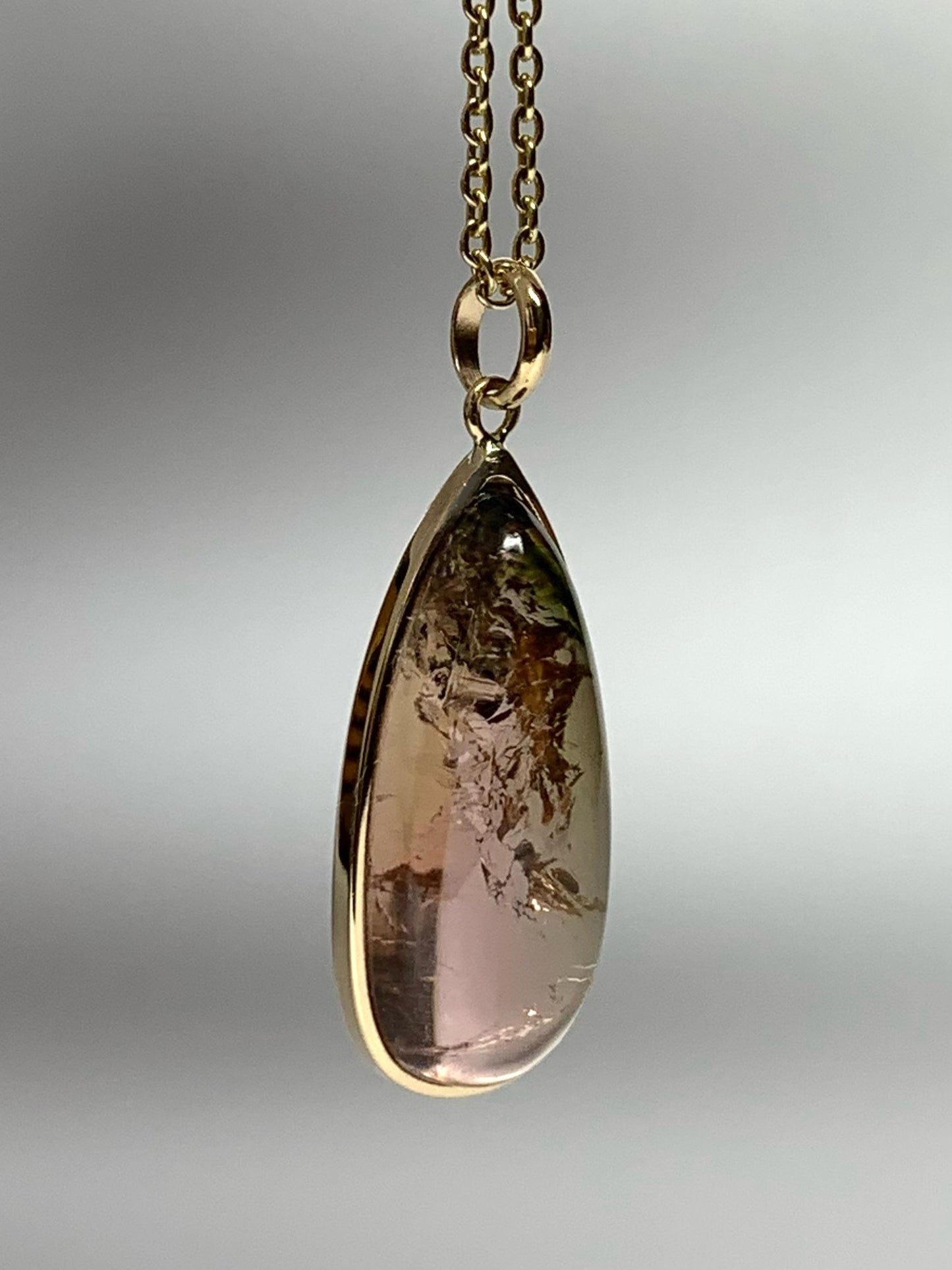 14k Solid Yellow Gold, Natural Bicolor Green Pink Tourmaline Drop Pendant