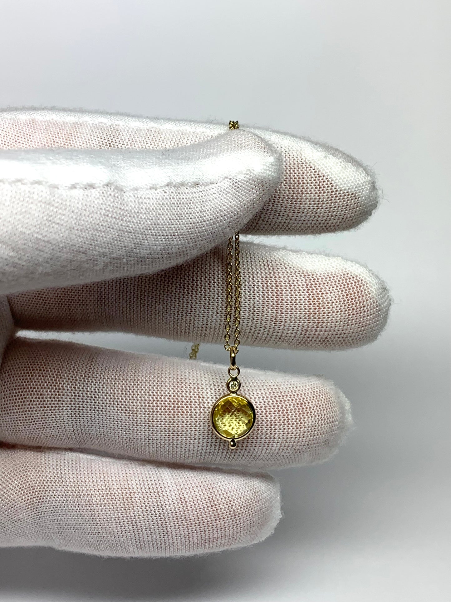 14K Solid Yellow Gold, Diamond, Lemon Quartz Mini Pendant