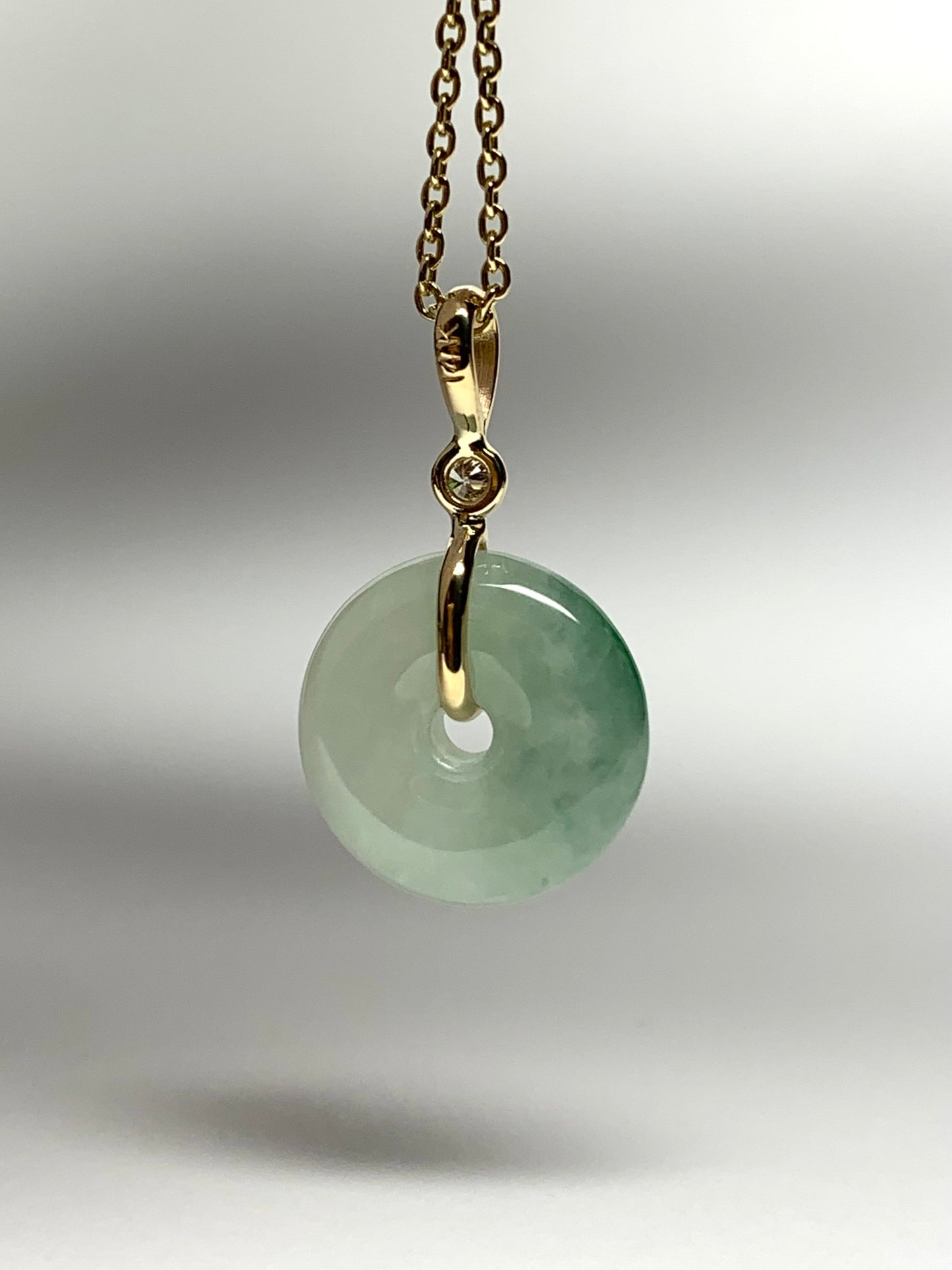 14k Solid Yellow Gold, White Diamond, Pale Green Jade “Donut” Pendant, Mini Size