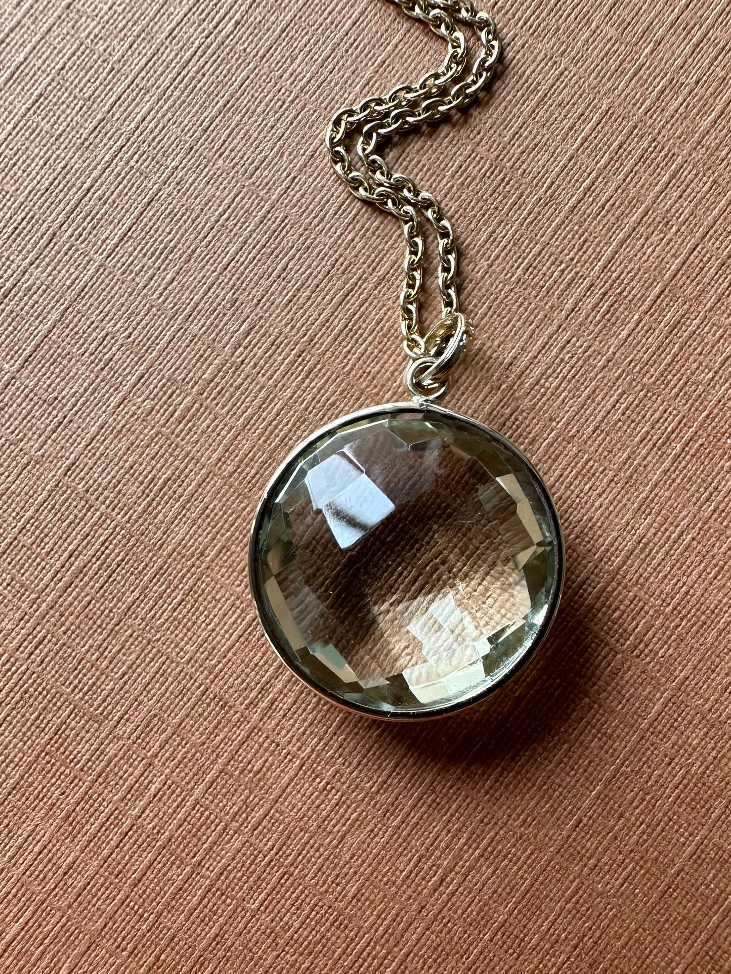 14K Solid Yellow Gold, Round Green Amethyst Drop Pendant