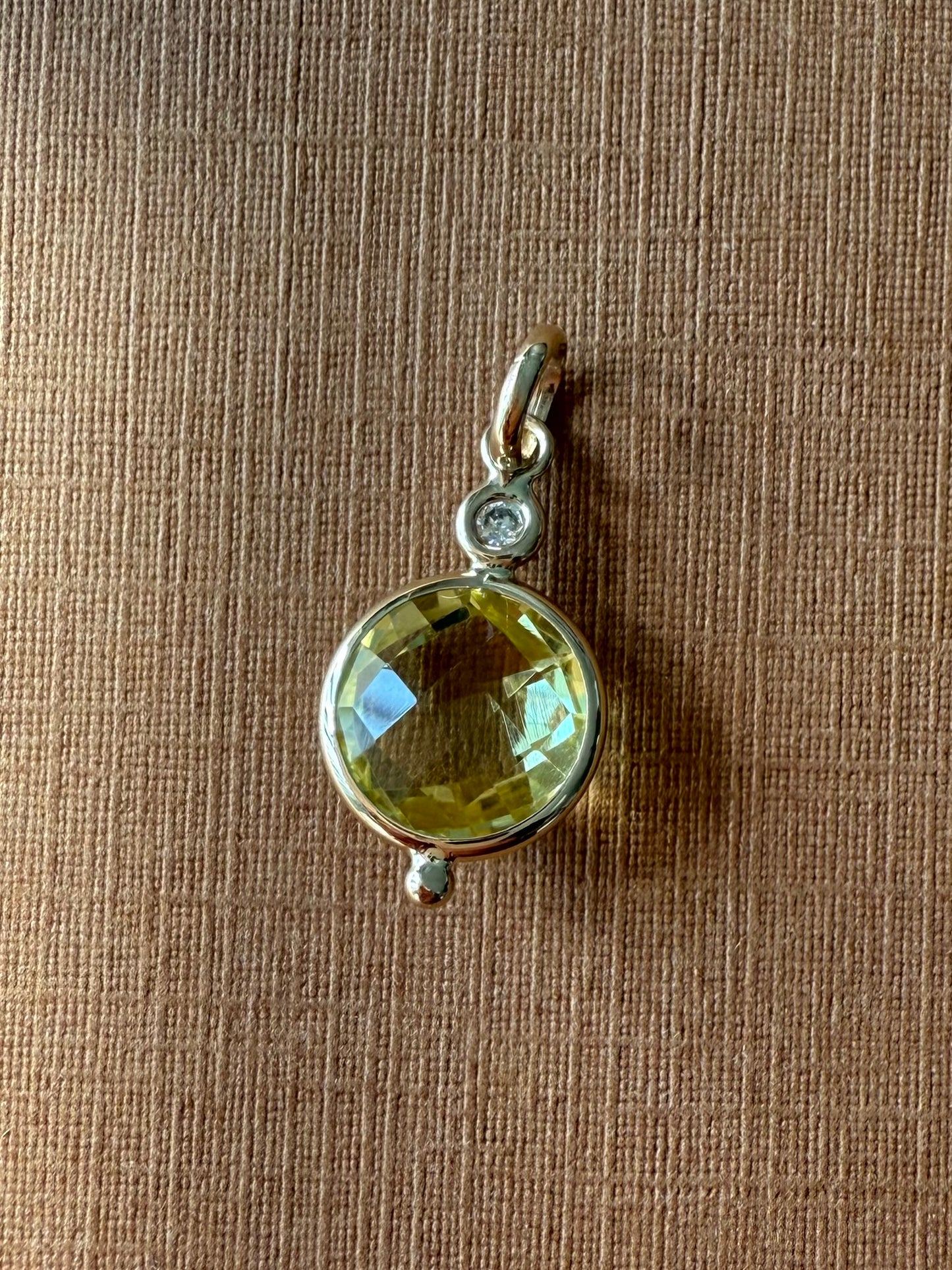 14K Solid Yellow Gold, Diamond, Lemon Quartz Mini Pendant