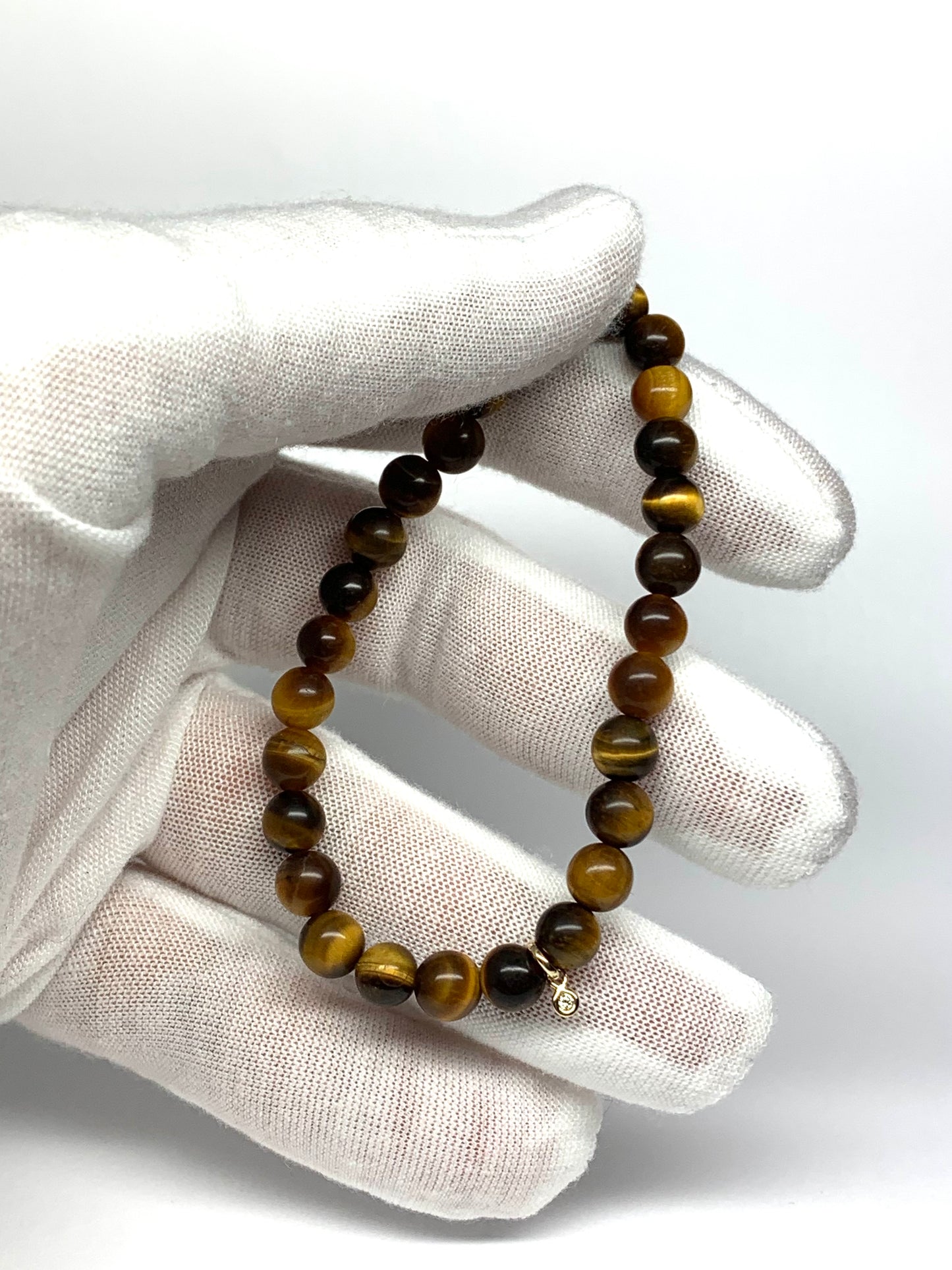 14k Solid Yellow Gold, White Diamond, “Tiger Eye” Beads Stretch Bracelet
