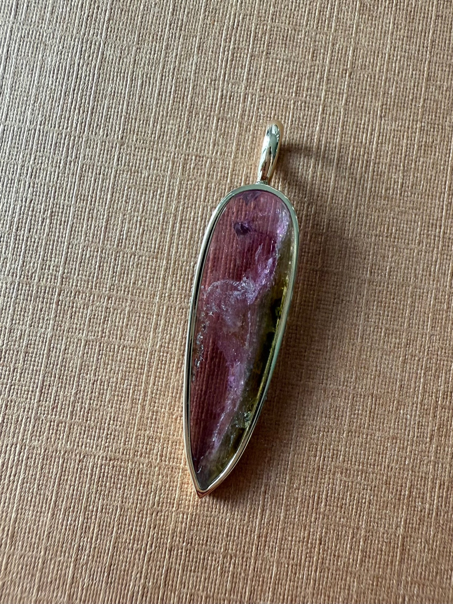 14k Solid Yellow Gold, Natural Bicolor Green Pink Tourmaline “Arrowhead” Pendant