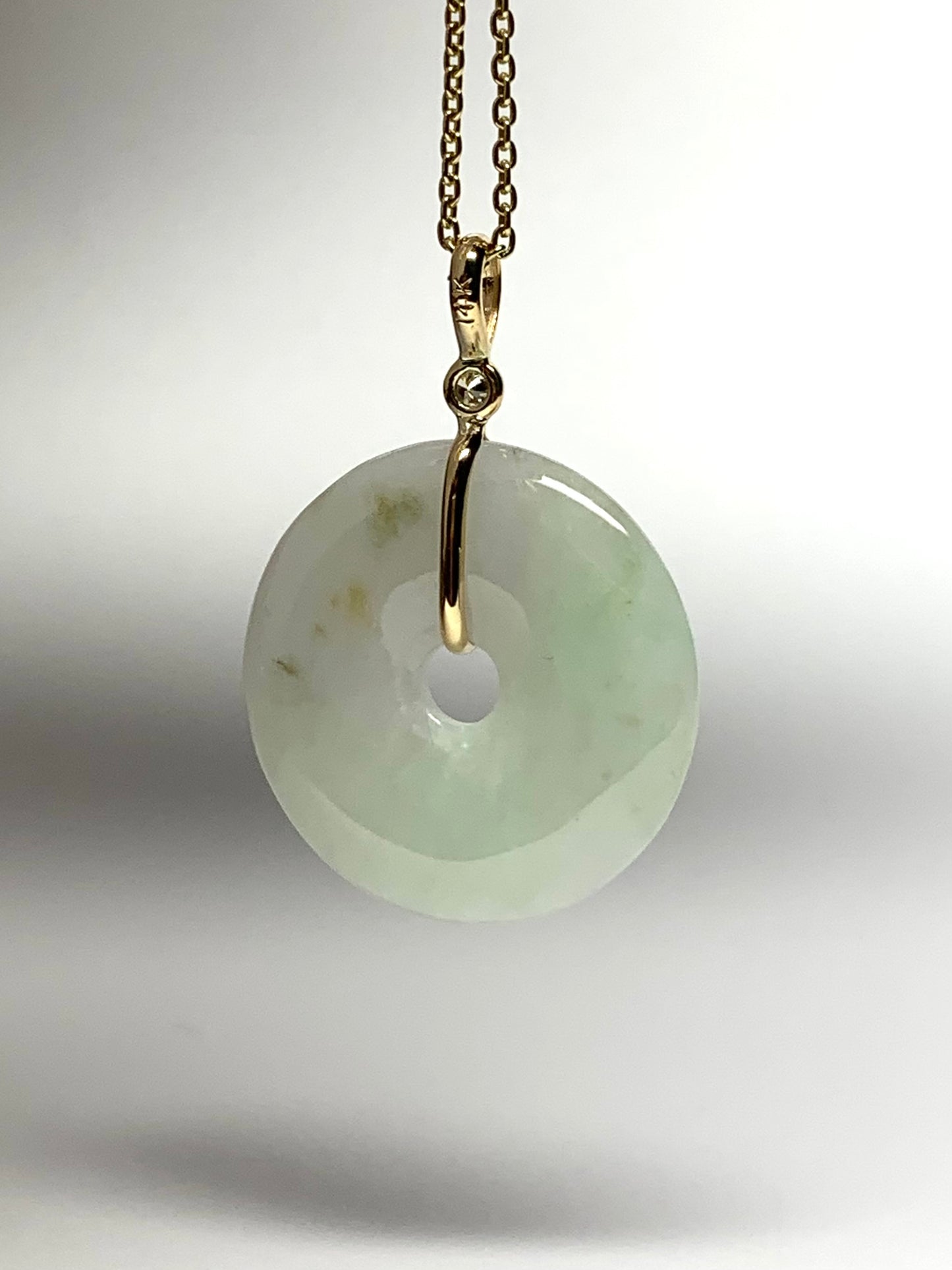 14k Solid Yellow Gold, Very Pale Green Jade “Donut”, White Diamond Pendant, Small Size