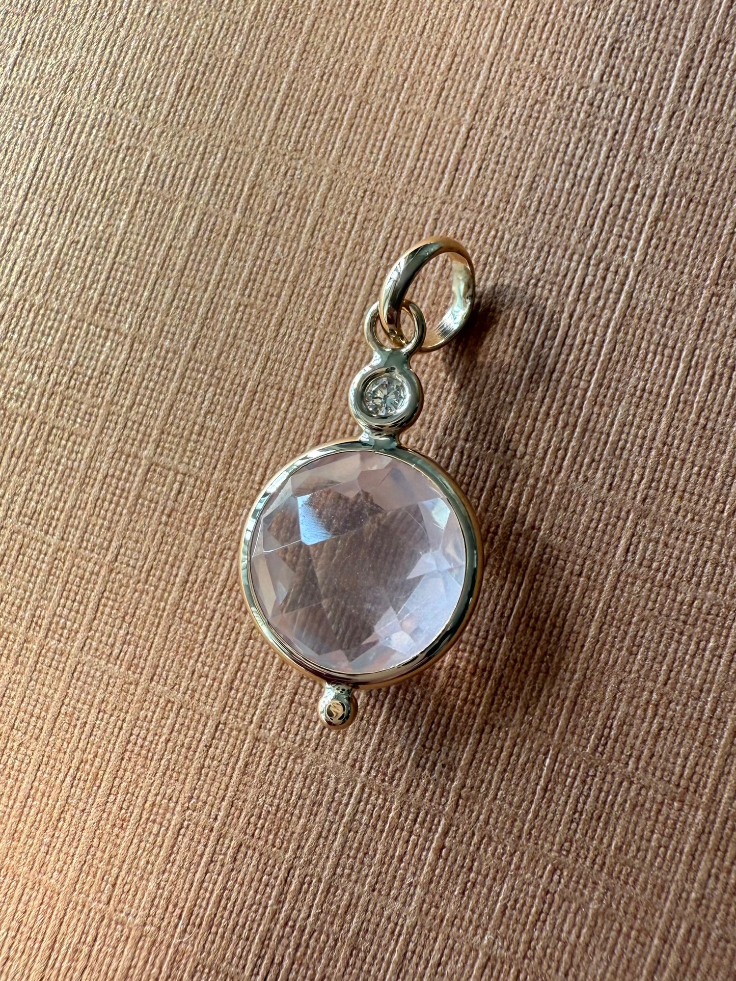 14K Solid Yellow Gold, Diamond, Rose Pink Quartz Mini Pendant