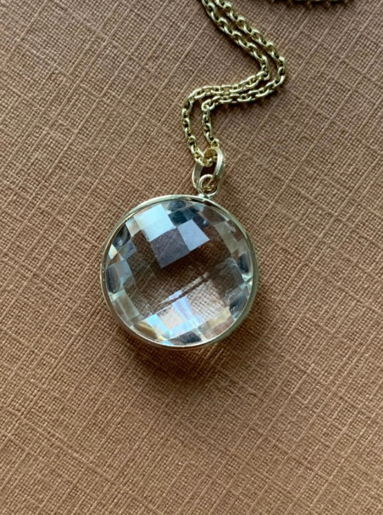 14K Solid Yellow Gold, Round Clear Quartz Drop Pendant