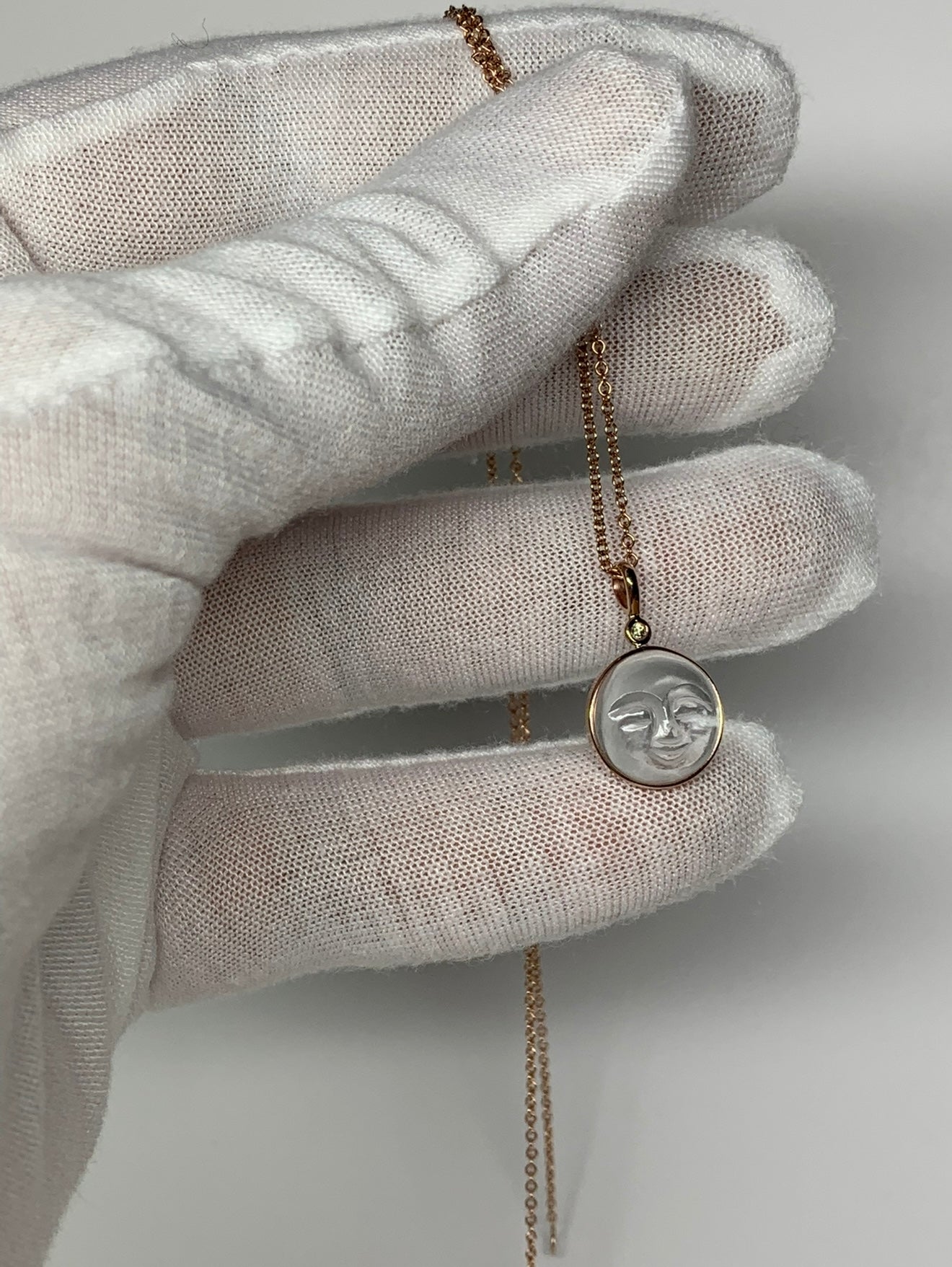 14k Solid Rose Gold, Clear Quartz, White Diamond “Moon and Star” Pendant, Carved Face, Small Size