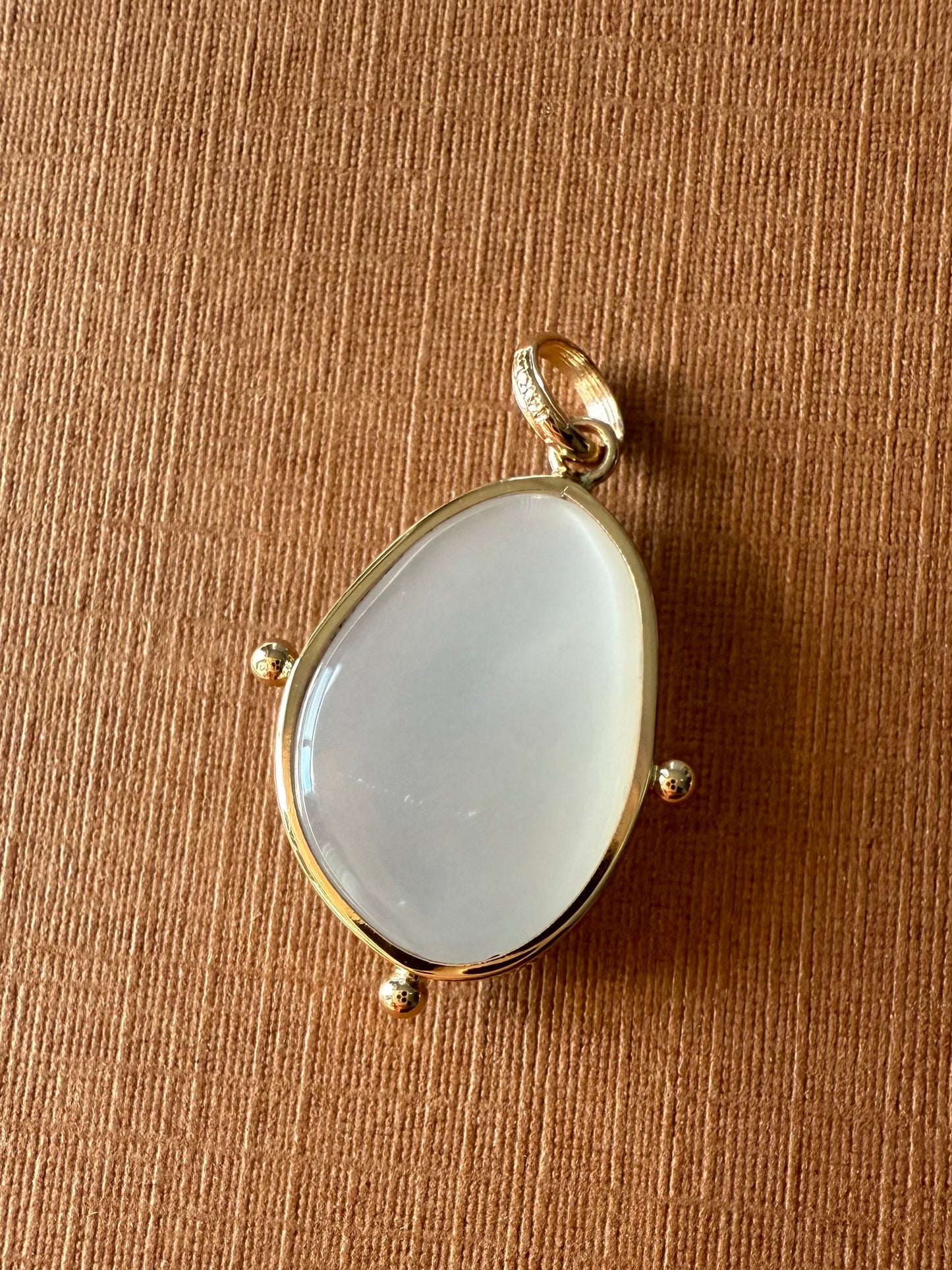 14k Solid Yellow Gold, White Moonstone Flat Cabochon Pendant, With Golden Dots