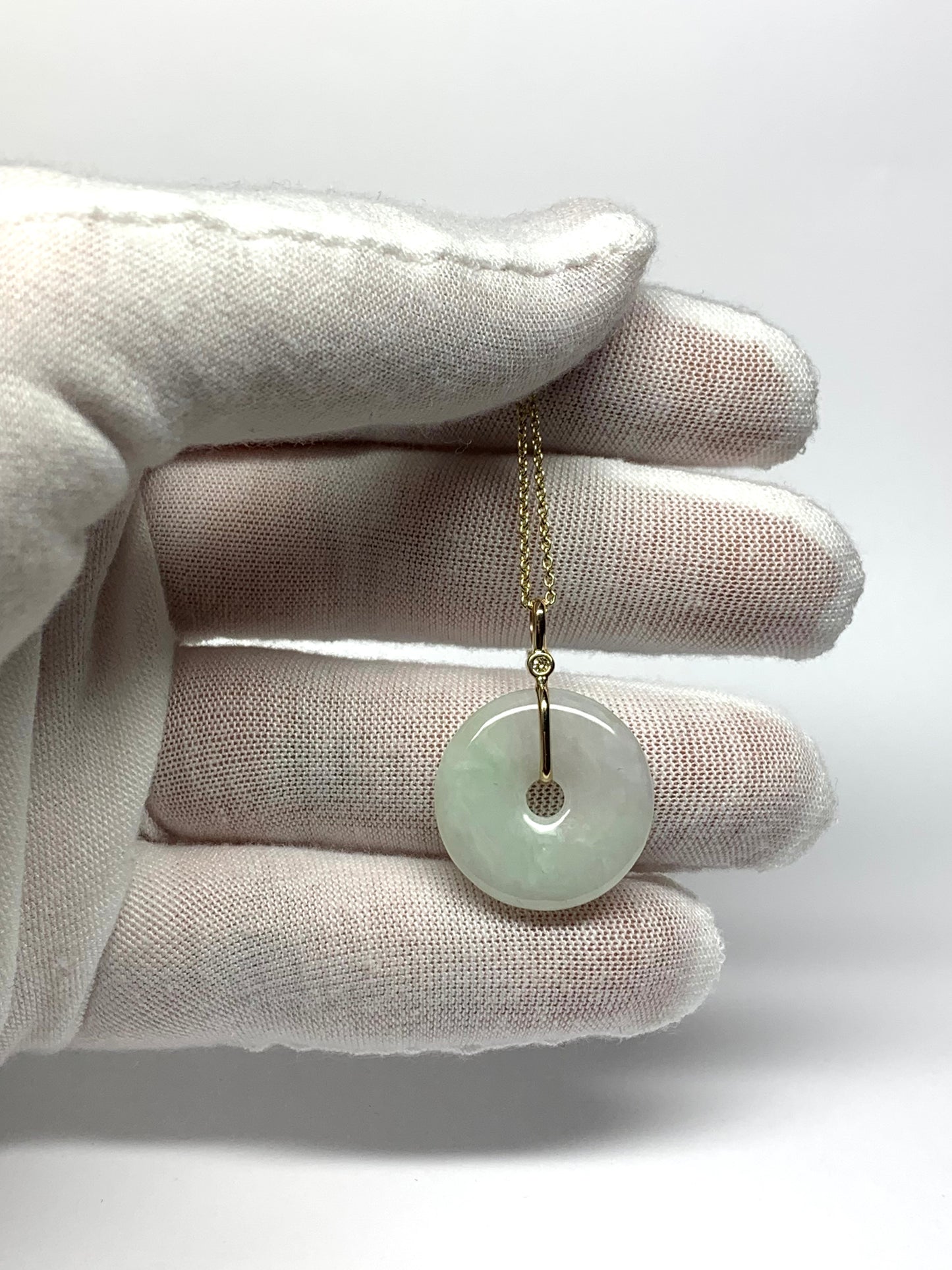 14k Solid Yellow Gold, Very Pale Green Jade “Donut”, White Diamond Pendant, Small Size