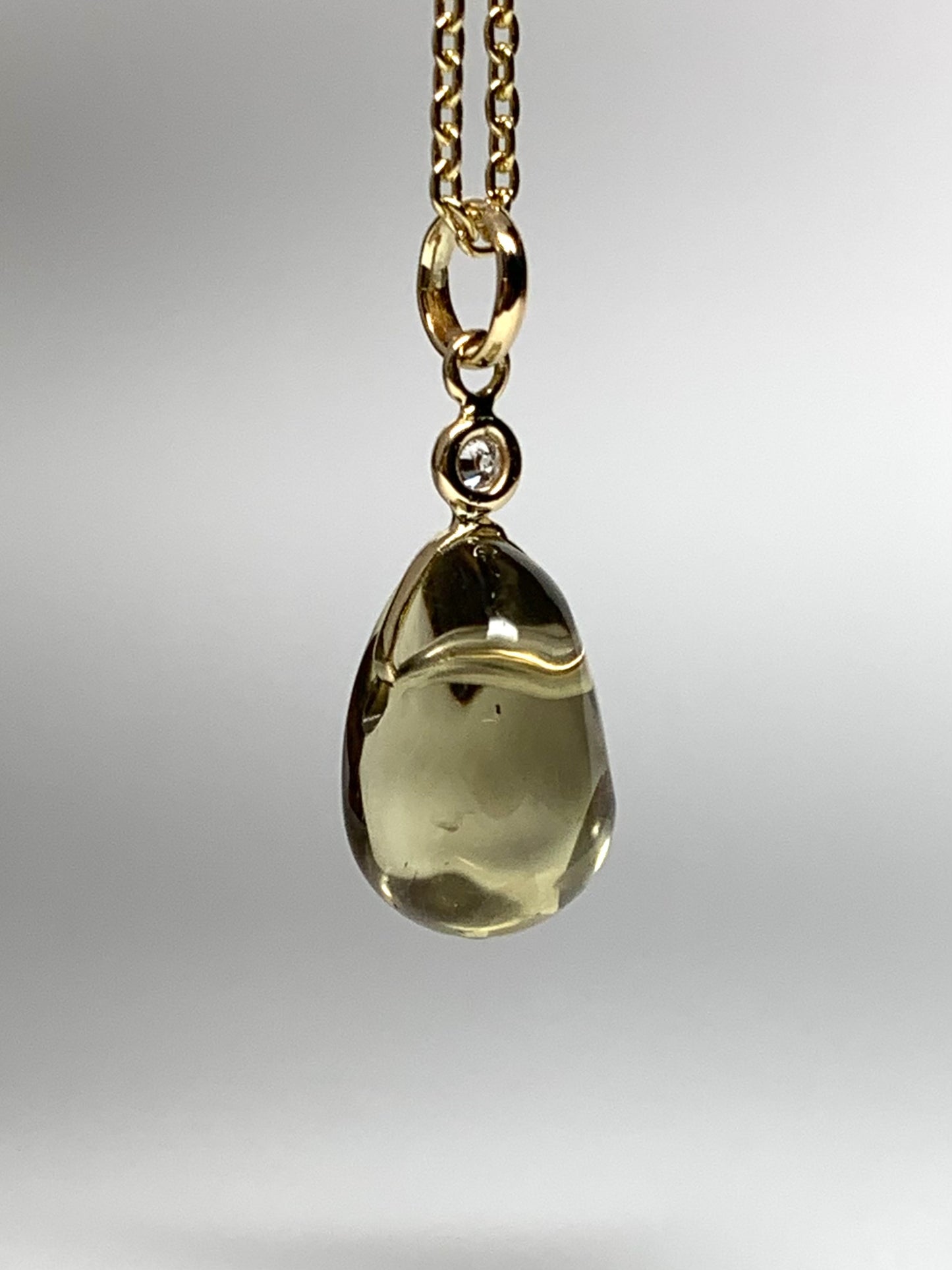 14k Solid Yellow Gold, Diamond, Lemon Quartz Tumbled Nugget Bead Pendant, Mini Size