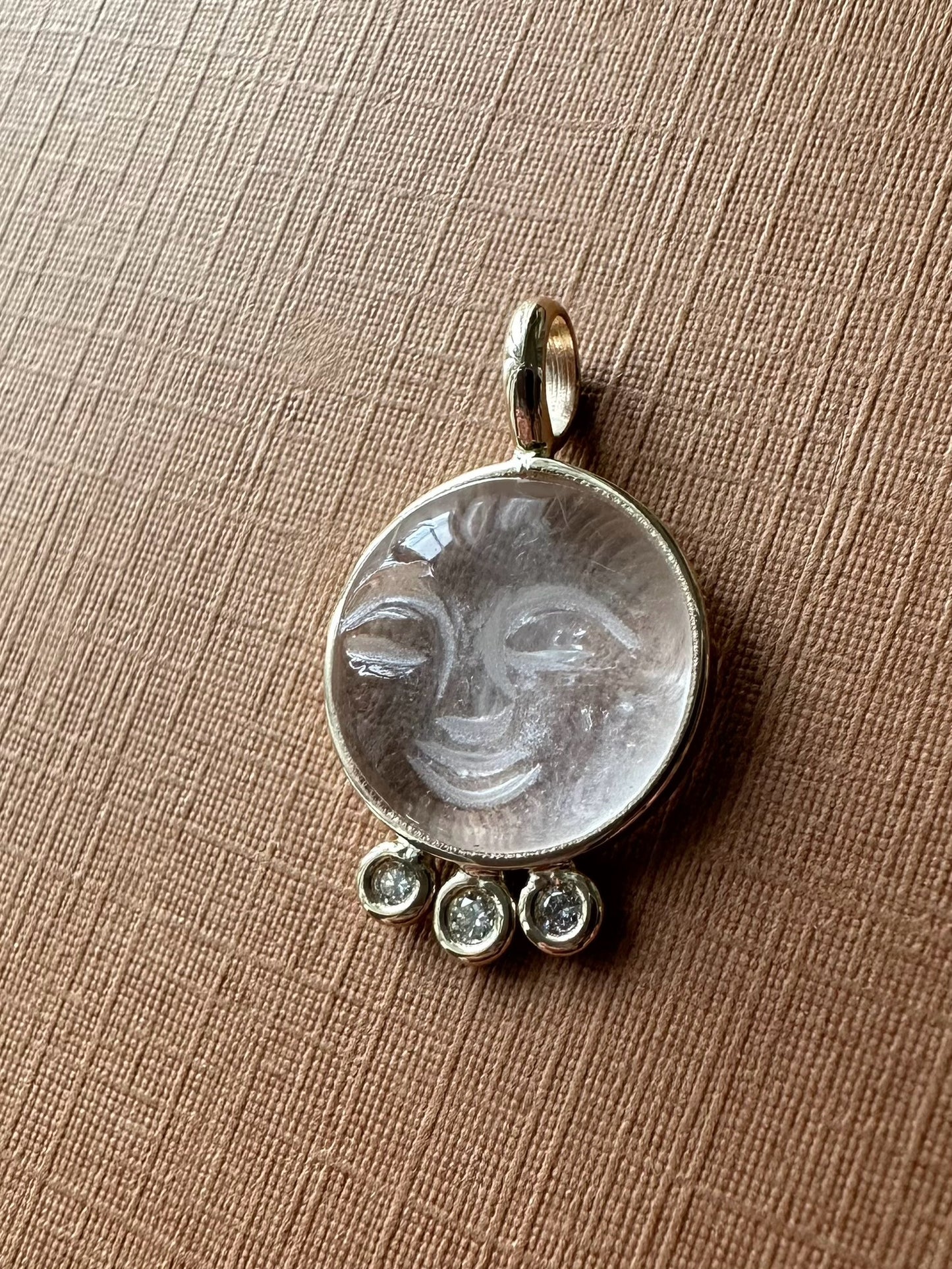 14k Solid Yellow Gold, Clear Quartz, White Diamonds “Moon and Stars” Pendant, Carved Face, Small Size