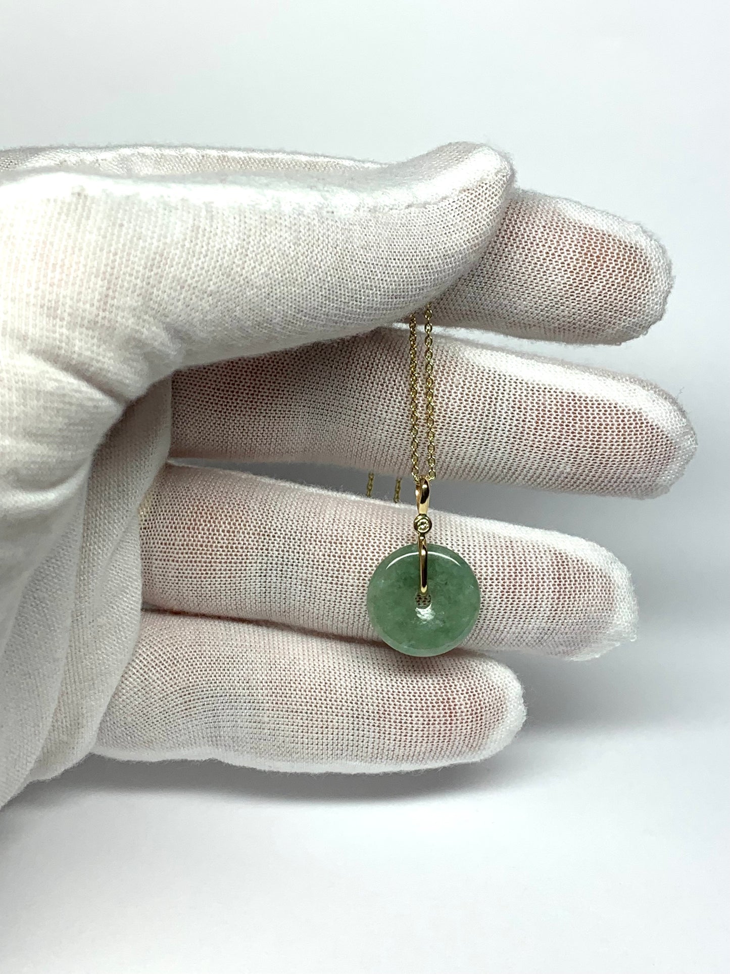 14k Solid Yellow Gold, Pale Green Jade “Donut”, White Diamond Pendant, Small Size