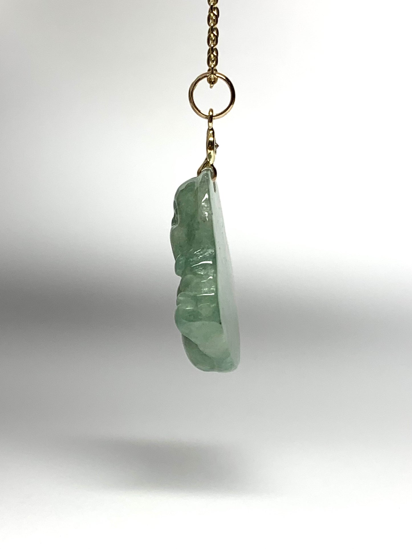 14K Solid Yellow Gold, Diamond, Pale Green Jade “Buddha” Pendant