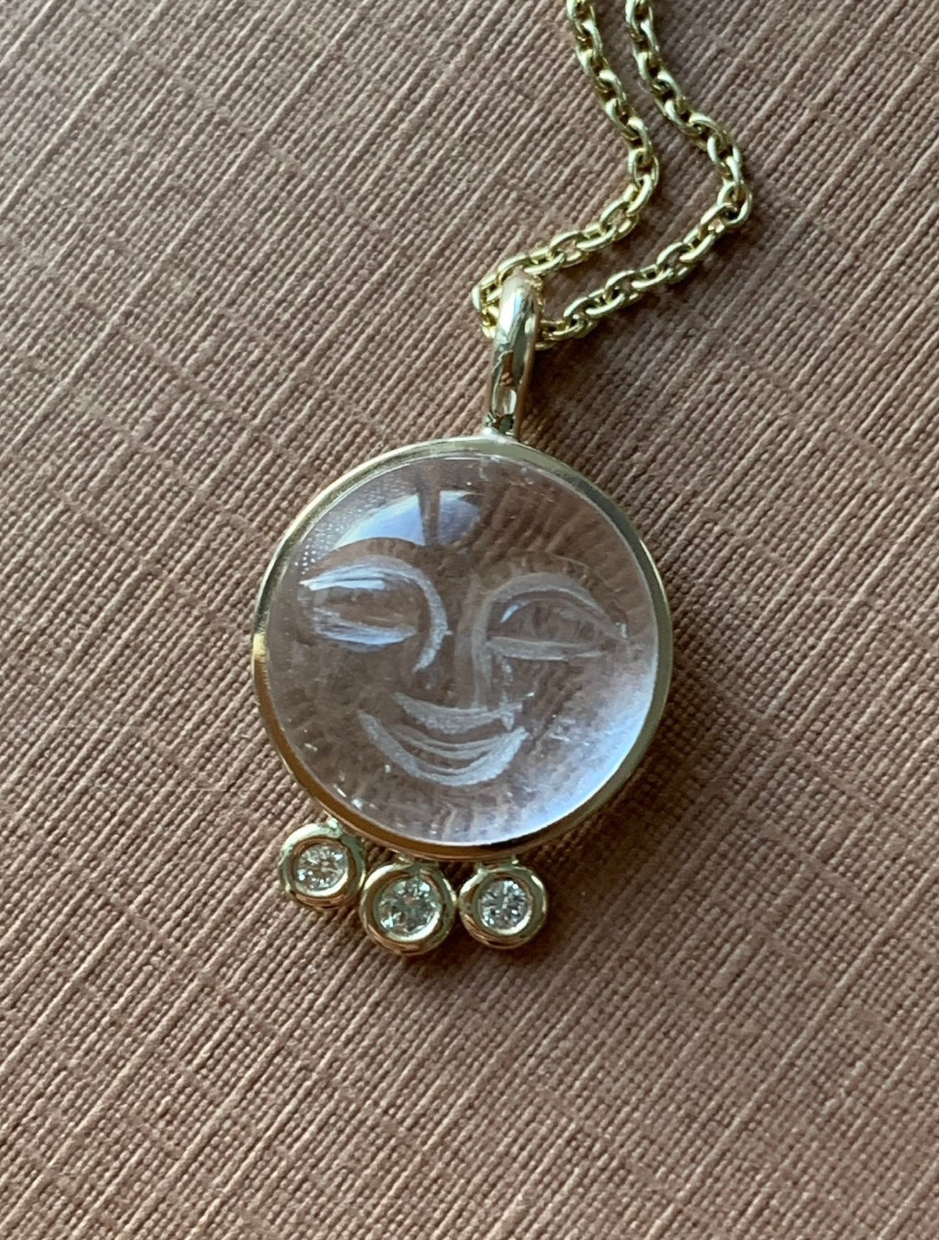 14k Solid Yellow Gold, Clear Quartz, White Diamonds “Moon and Stars” Pendant, Carved Face, Small Size