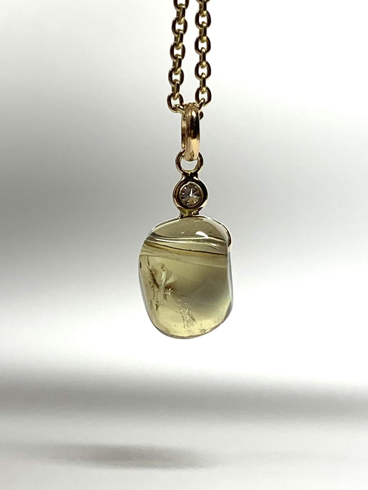 14k Solid Yellow Gold, Diamond, Lemon Quartz Tumbled Nugget Bead Pendant, Mini Size