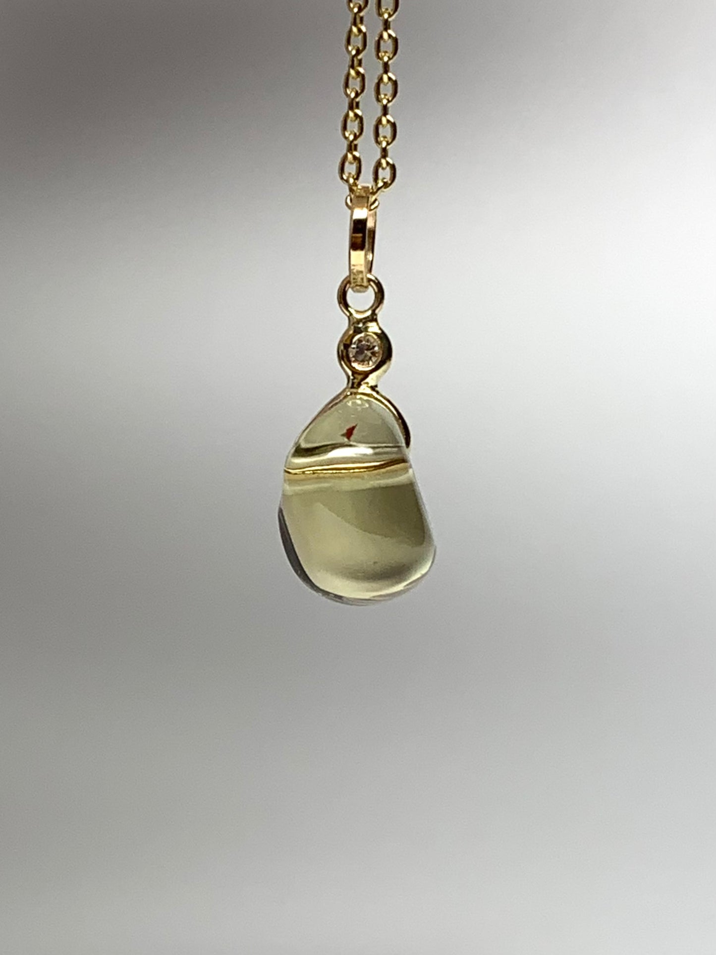 14k Solid Yellow Gold, Diamond, Lemon Quartz Tumbled Nugget Bead Pendant, Mini Size
