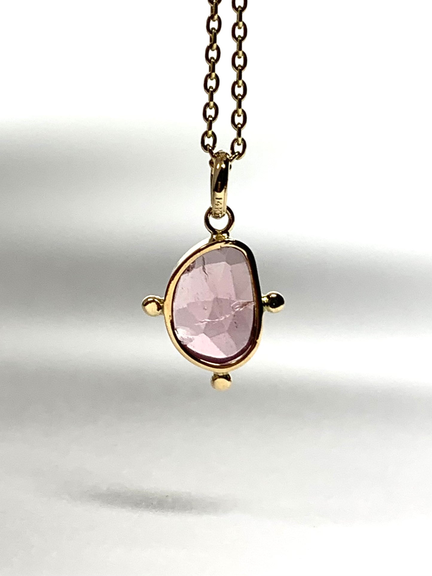 14k Solid Yellow Gold, Natural Pink Tourmaline Pendant, Gold Dots