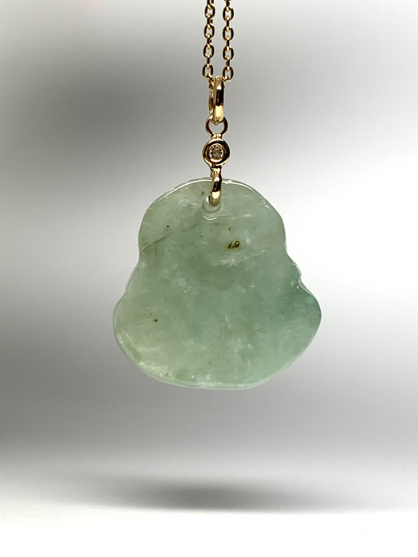 14K Solid Yellow Gold, Diamond, Pale Green Jade “Buddha” Pendant