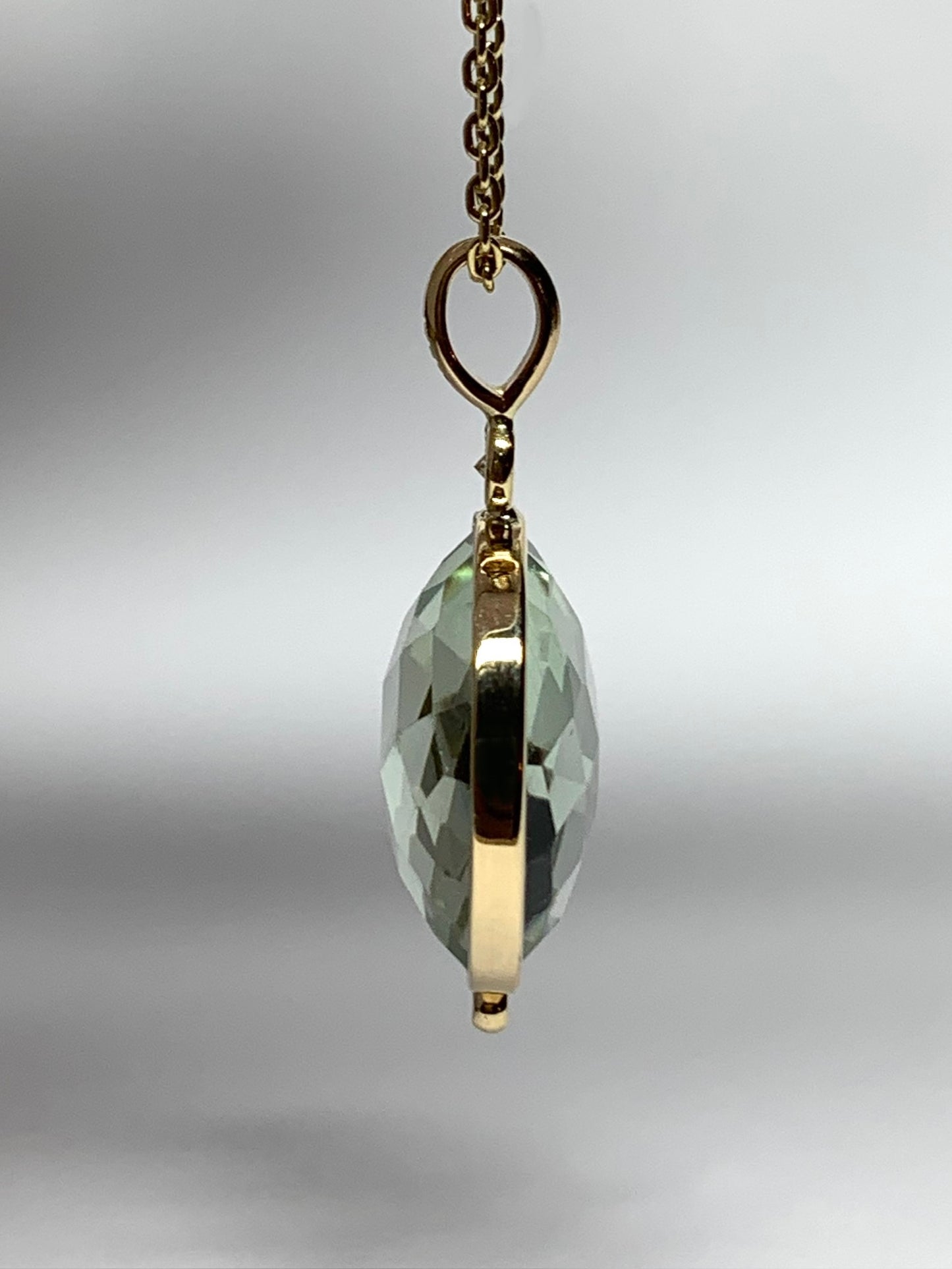 14K Solid Yellow Gold, Diamond, Round Green Amethyst Drop Pendant