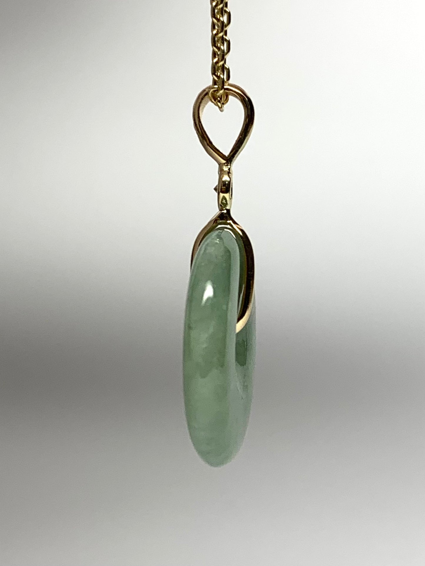 14k Solid Yellow Gold, Pale Green Jade “Donut”, White Diamond Pendant, Small Size