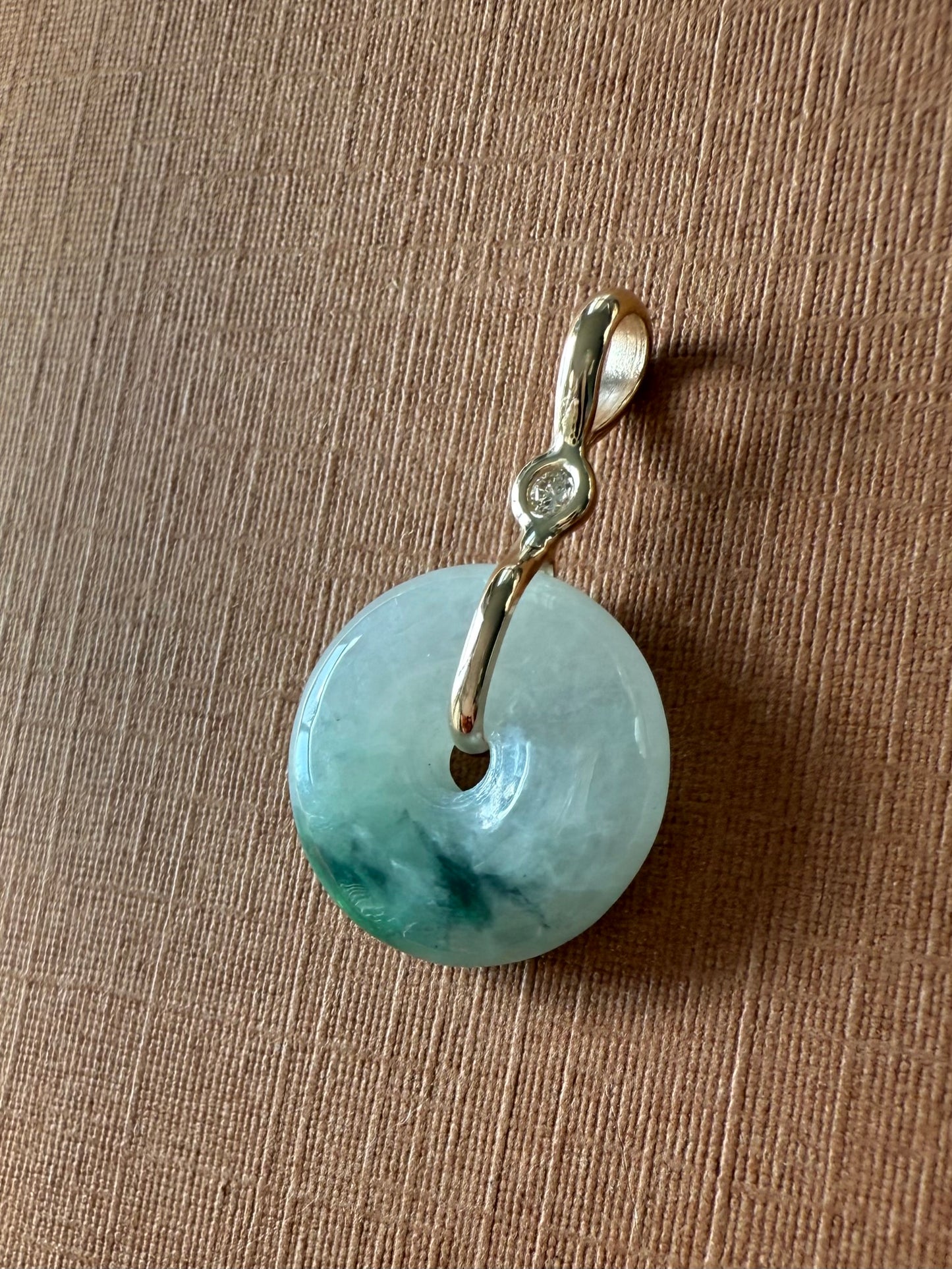 14k Solid Yellow Gold, White Diamond, Pale Green Jade “Donut” Pendant, Mini Size