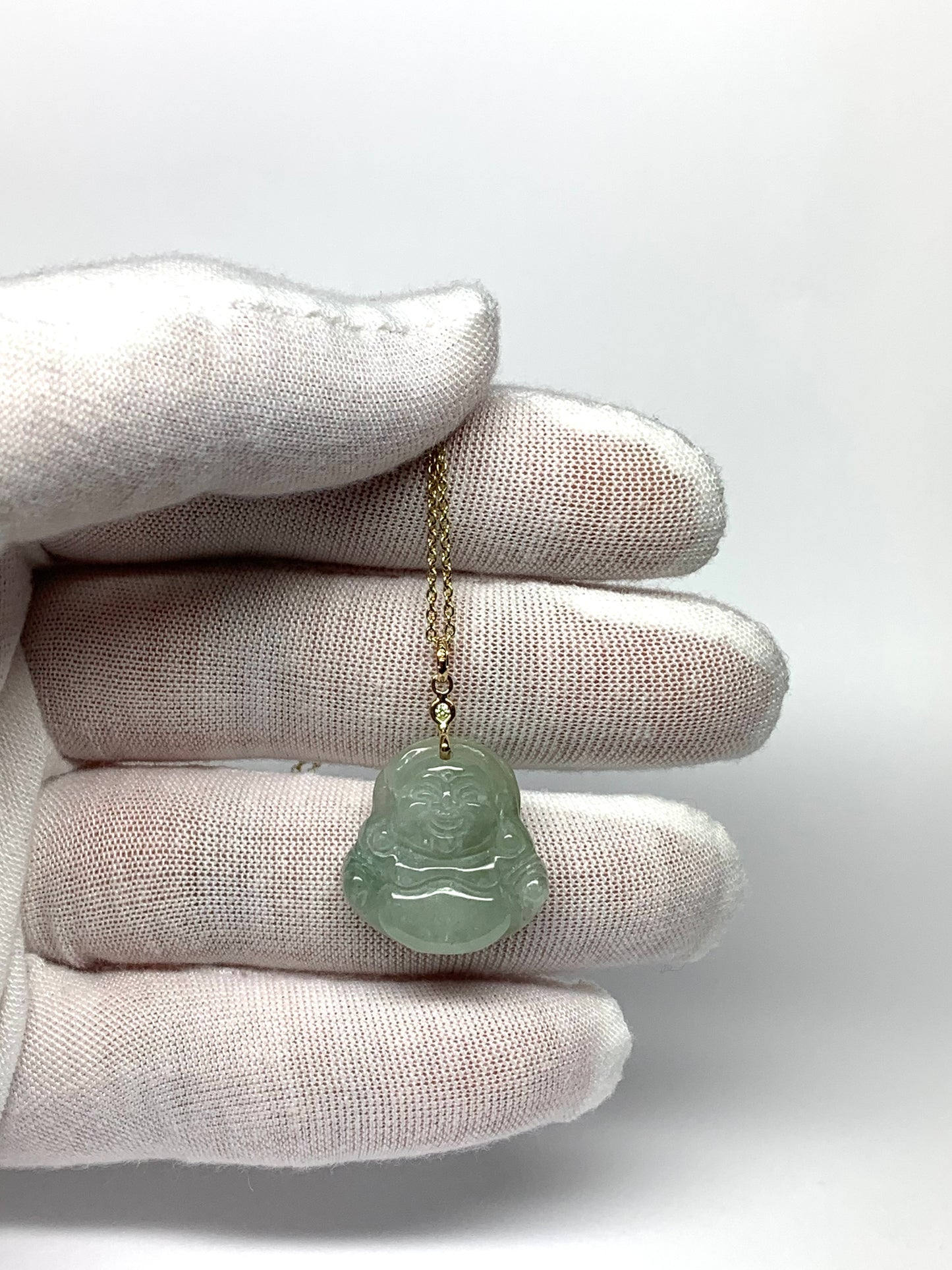 14K Solid Yellow Gold, Diamond, Pale Green Jade “Buddha” Pendant
