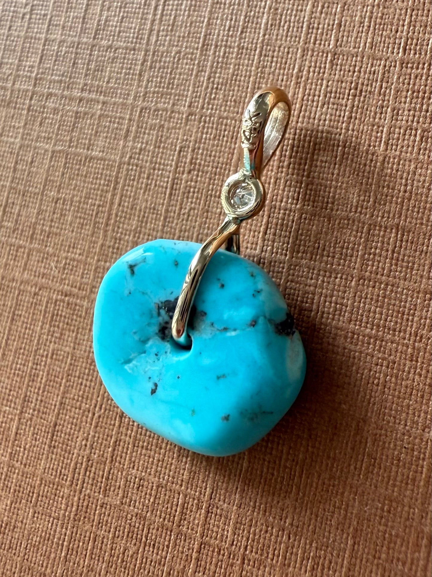14K Solid Yellow Gold, White Diamond, Blue Turquoise “Donut” Mini Pendant