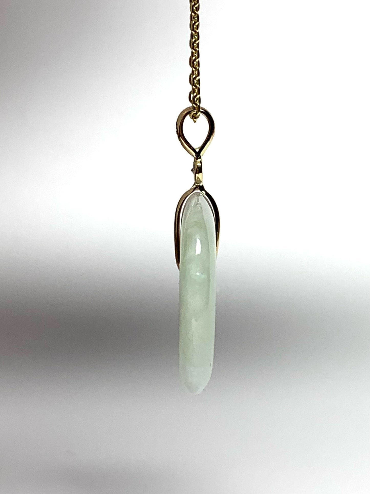 14k Solid Yellow Gold, Very Pale Green Jade “Donut”, White Diamond Pendant, Small Size