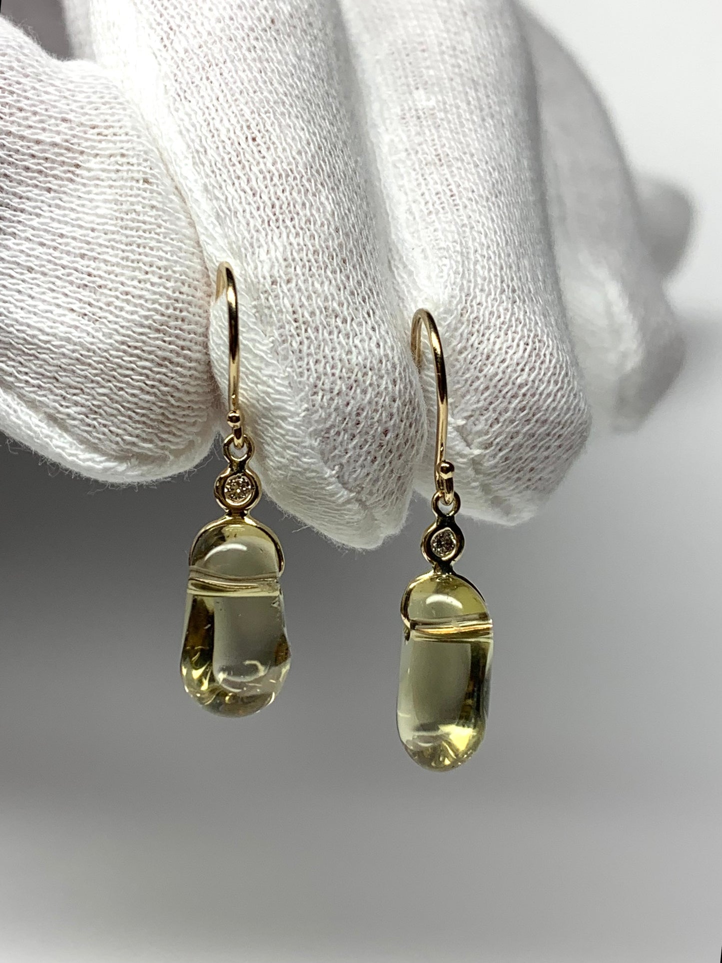 14k Solid Yellow Gold, Diamonds, Lemon Quartz Tumbled Nugget Beads Earrings, Mini Size