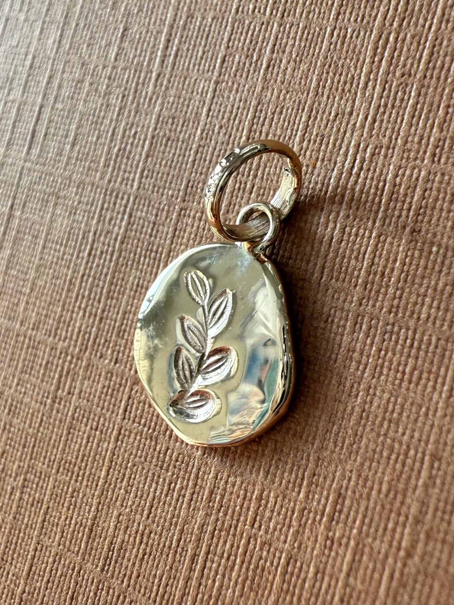 14k Solid Yellow Gold Nugget “Olive Branch”, Mini Pendant, Tiny Charm