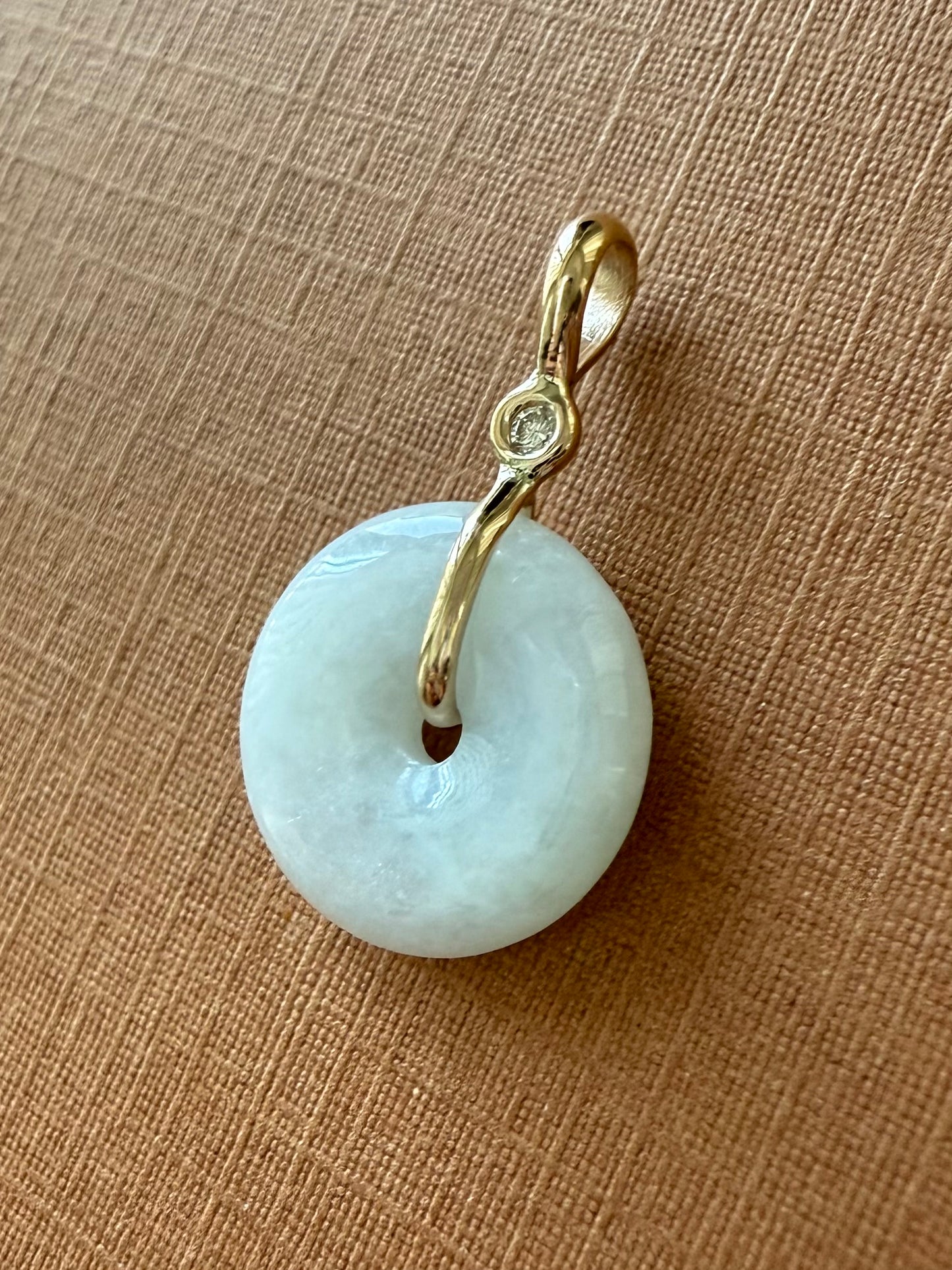 14k Solid Yellow Gold, White Jade, Diamond Pendant, Small Size