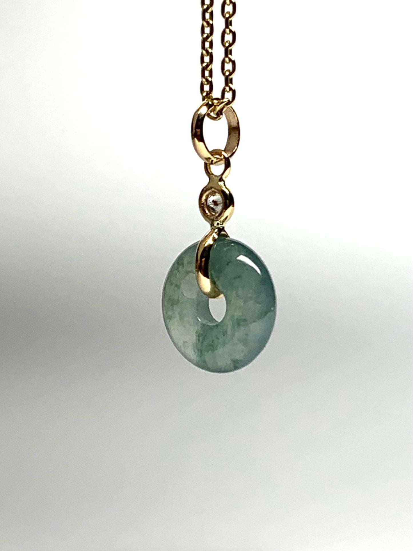 14k Solid Yellow Gold, White Diamond, Pale Green Jade “Donut” Pendant, Tiny Size
