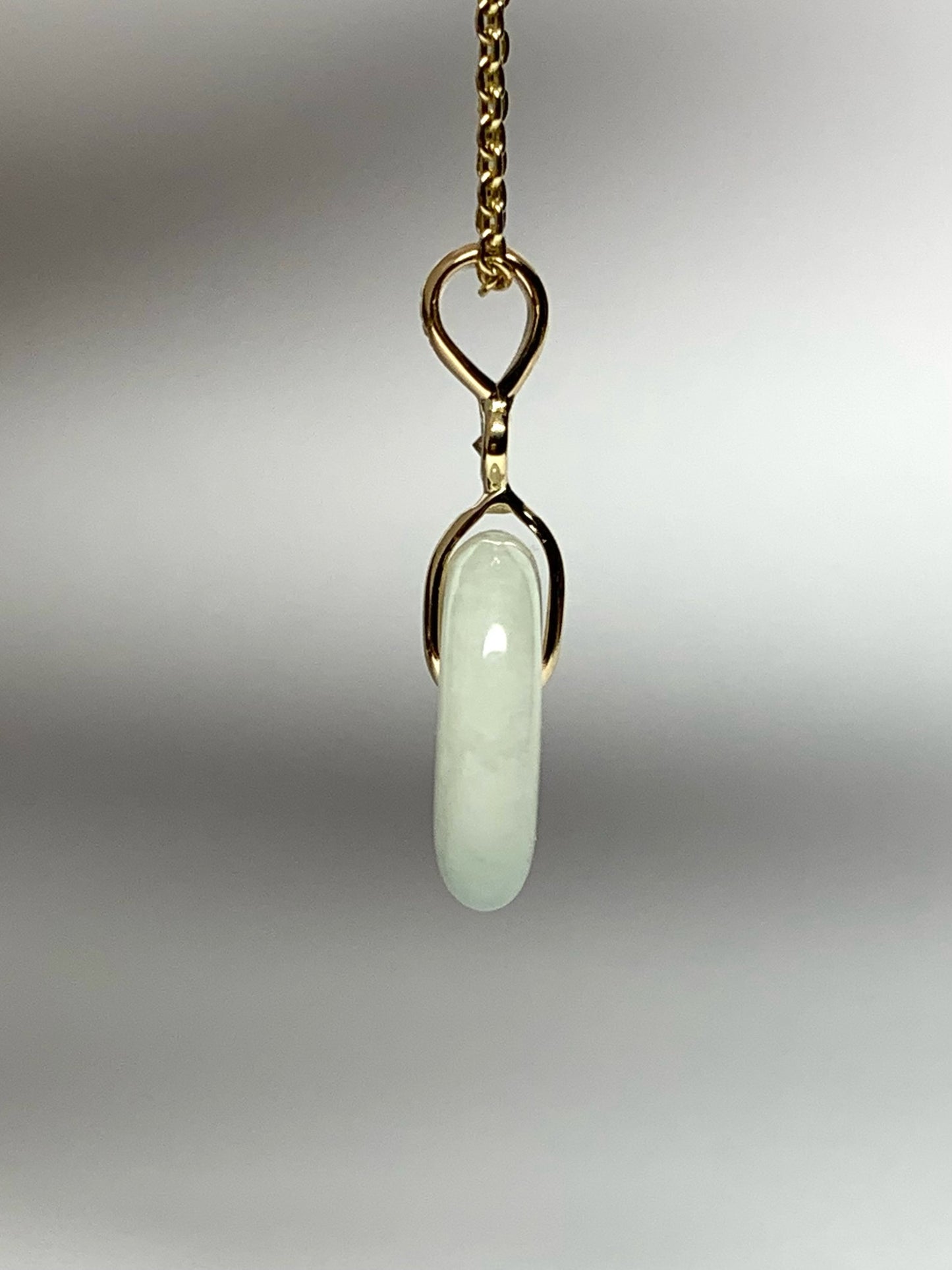 14k Solid Yellow Gold, White Diamond, Pale Green Jade “Donut” Pendant, Mini Size