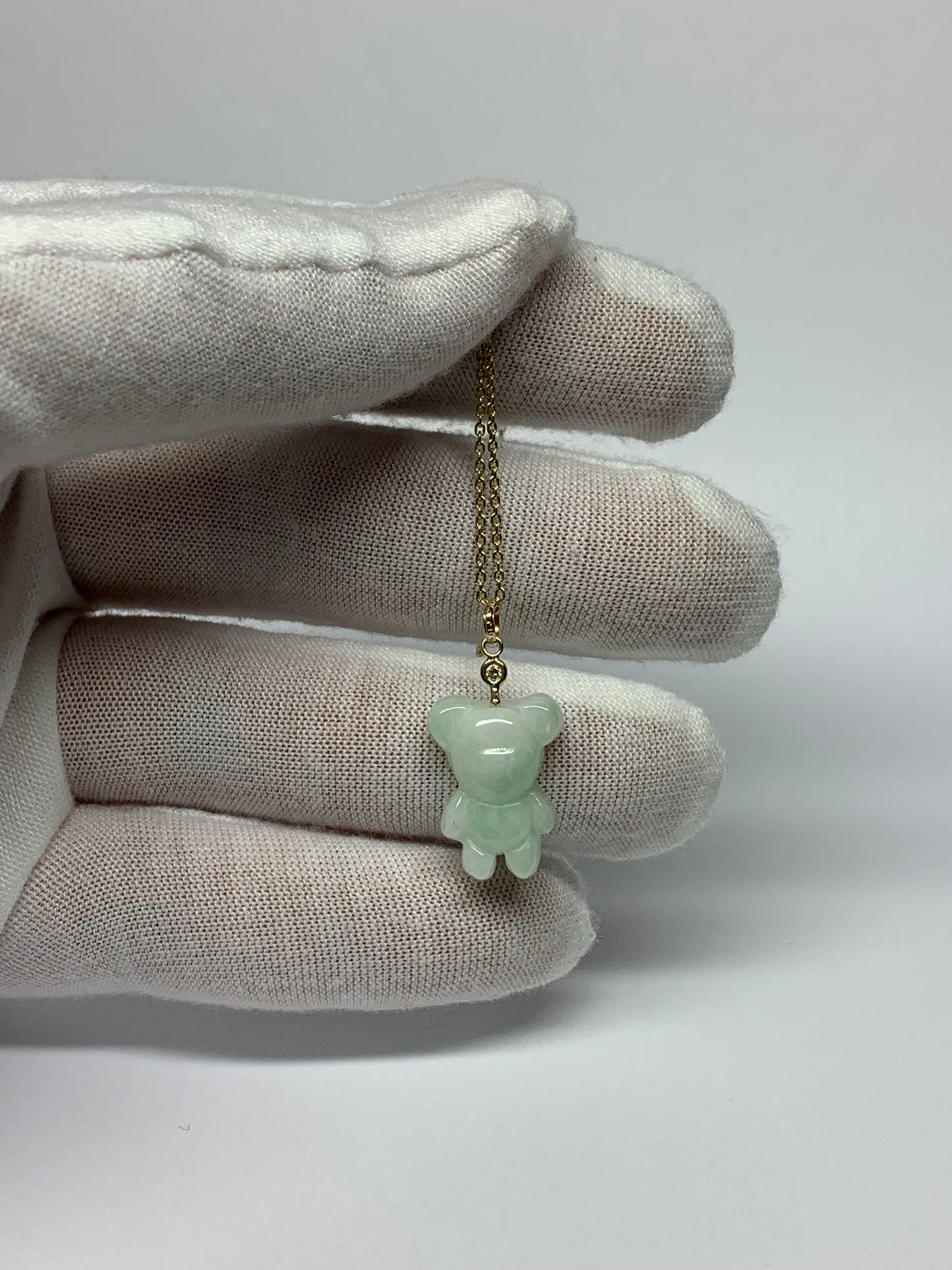 14k Solid Yellow Gold, Diamond, White Jade “Teddy Bear” Pendant