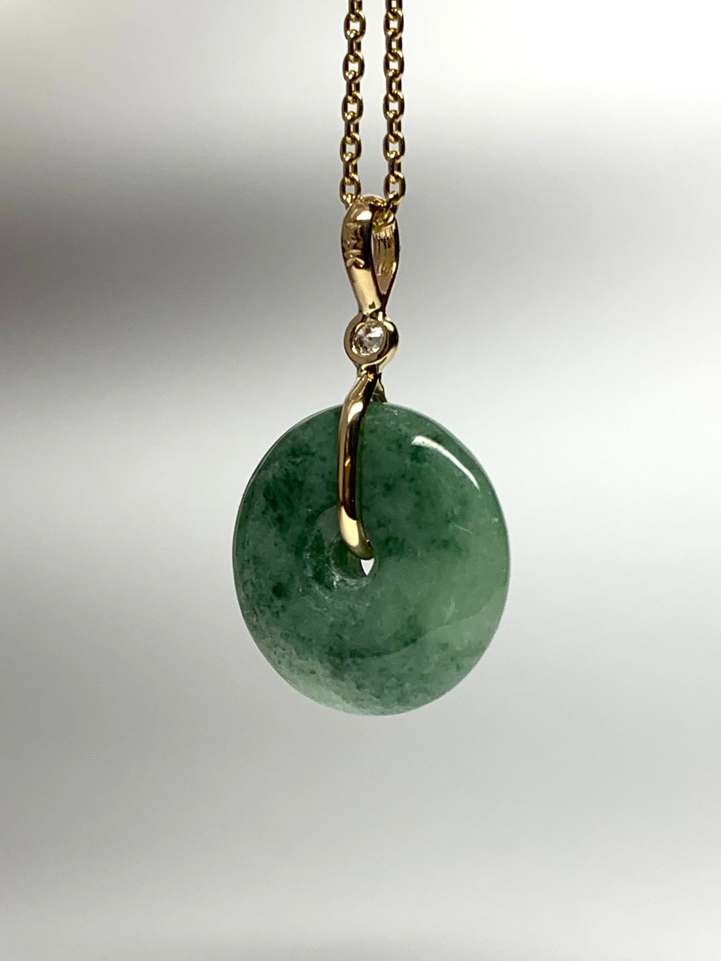 14k Solid Yellow Gold, Pale Green Jade “Donut”, White Diamond Pendant, Small Size
