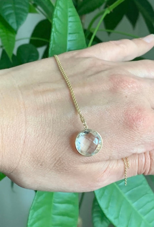14K Solid Yellow Gold, Round Clear Quartz Drop Pendant