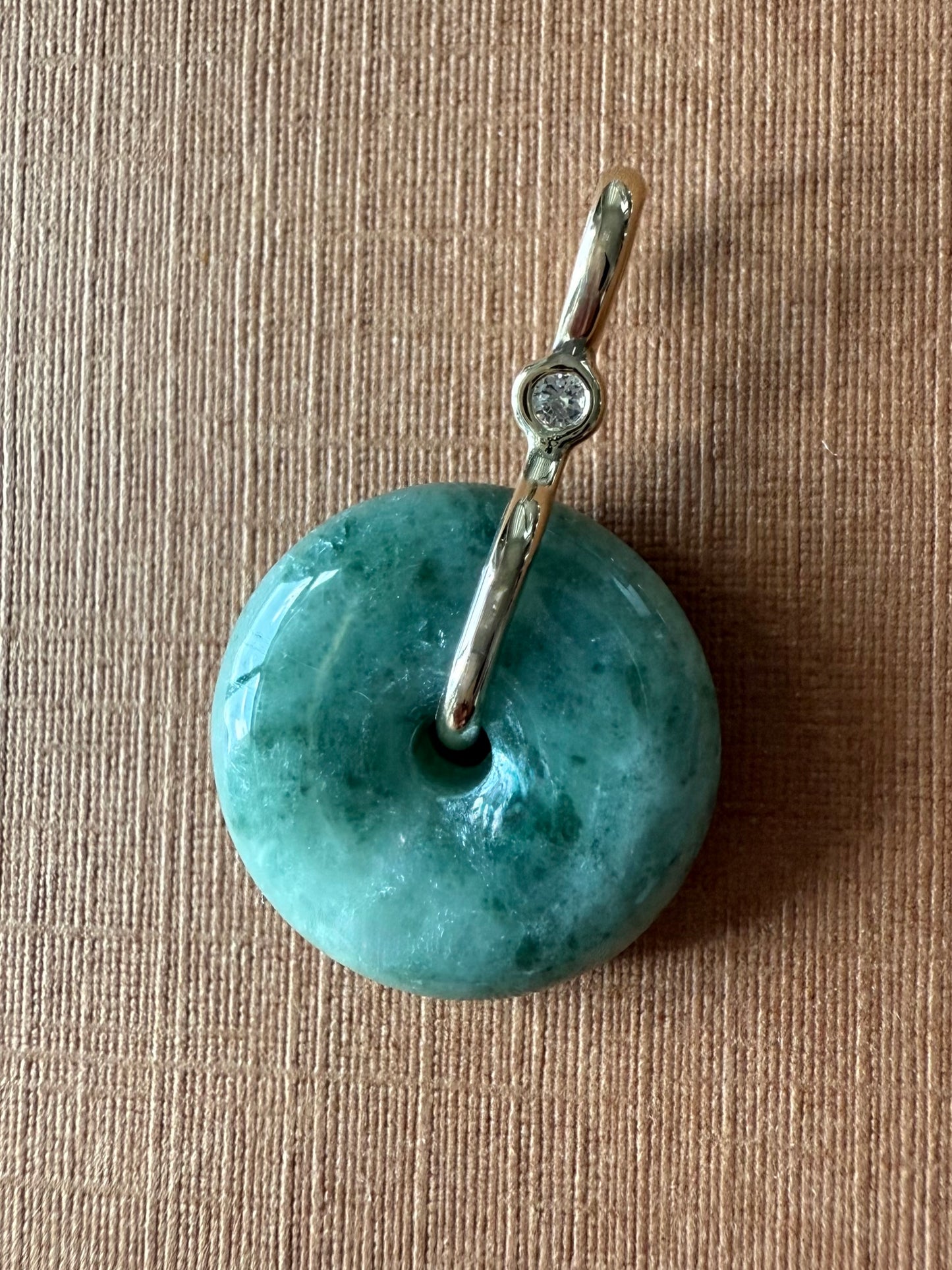 14k Solid Yellow Gold, Pale Green Jade “Donut”, White Diamond Pendant, Small Size