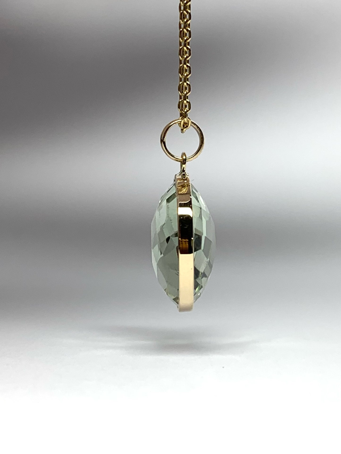 14K Solid Yellow Gold, Round Green Amethyst Drop Pendant