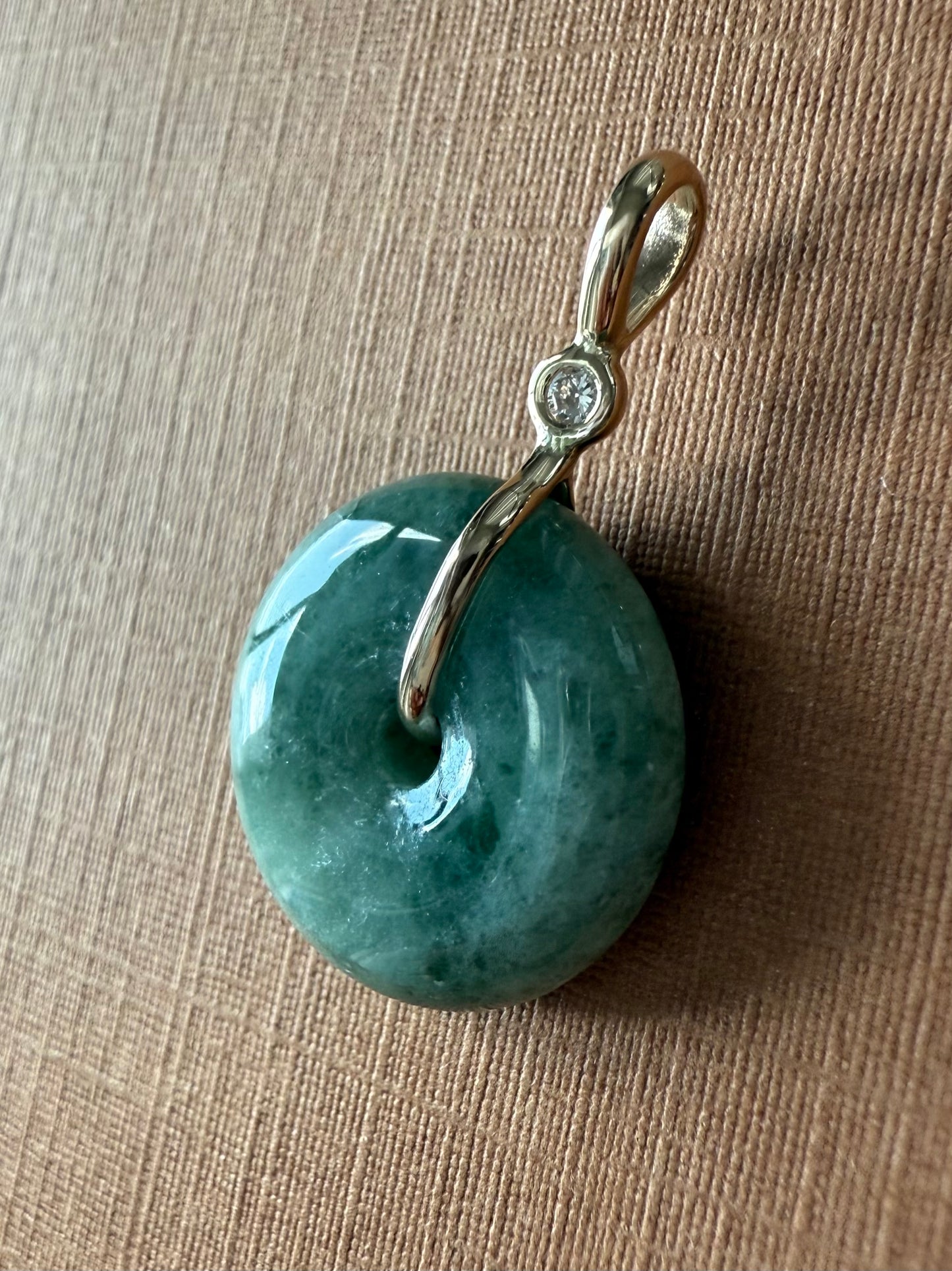 14k Solid Yellow Gold, Pale Green Jade “Donut”, White Diamond Pendant, Small Size