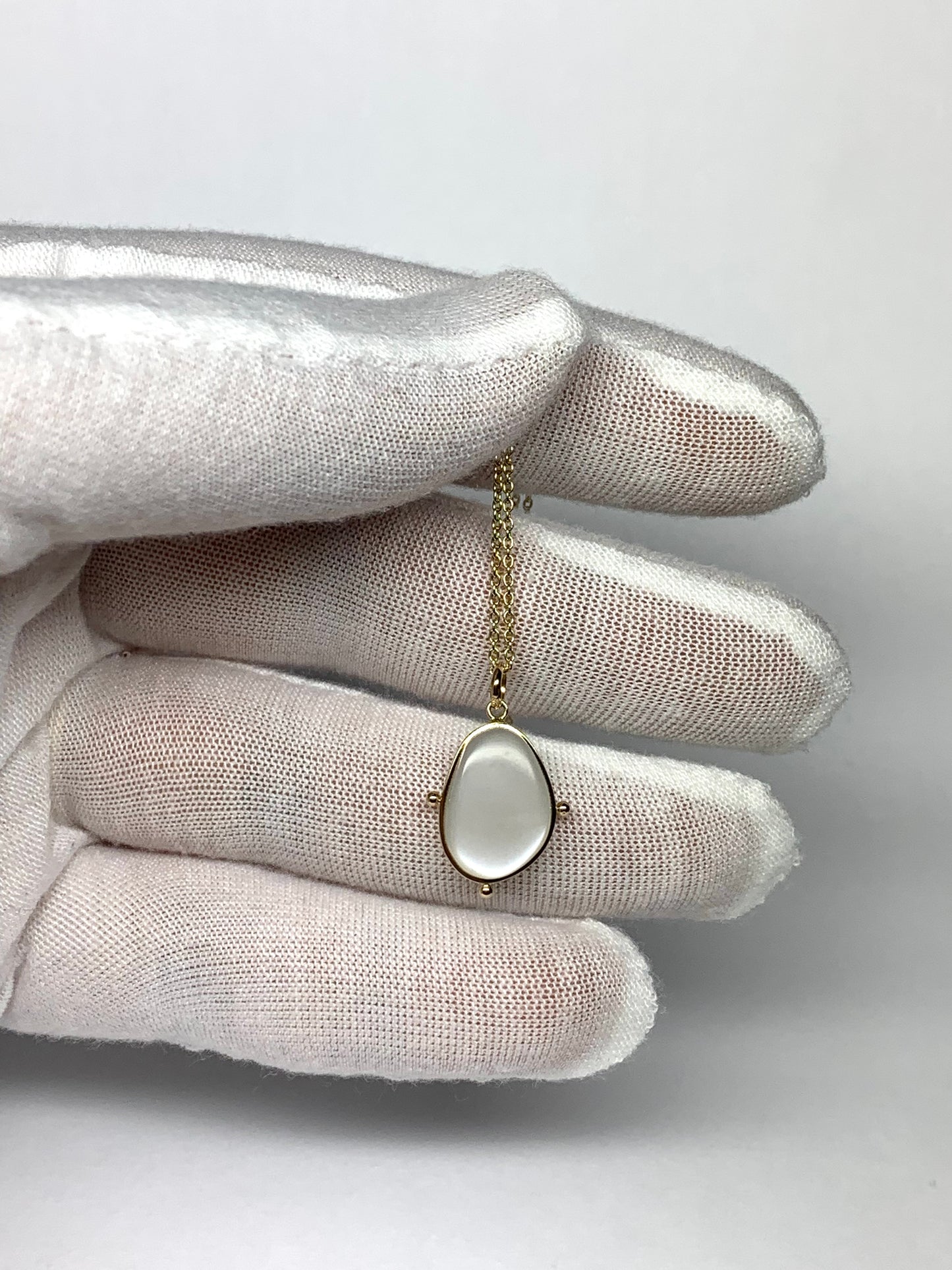 14k Solid Yellow Gold, White Moonstone Flat Cabochon Pendant, With Golden Dots