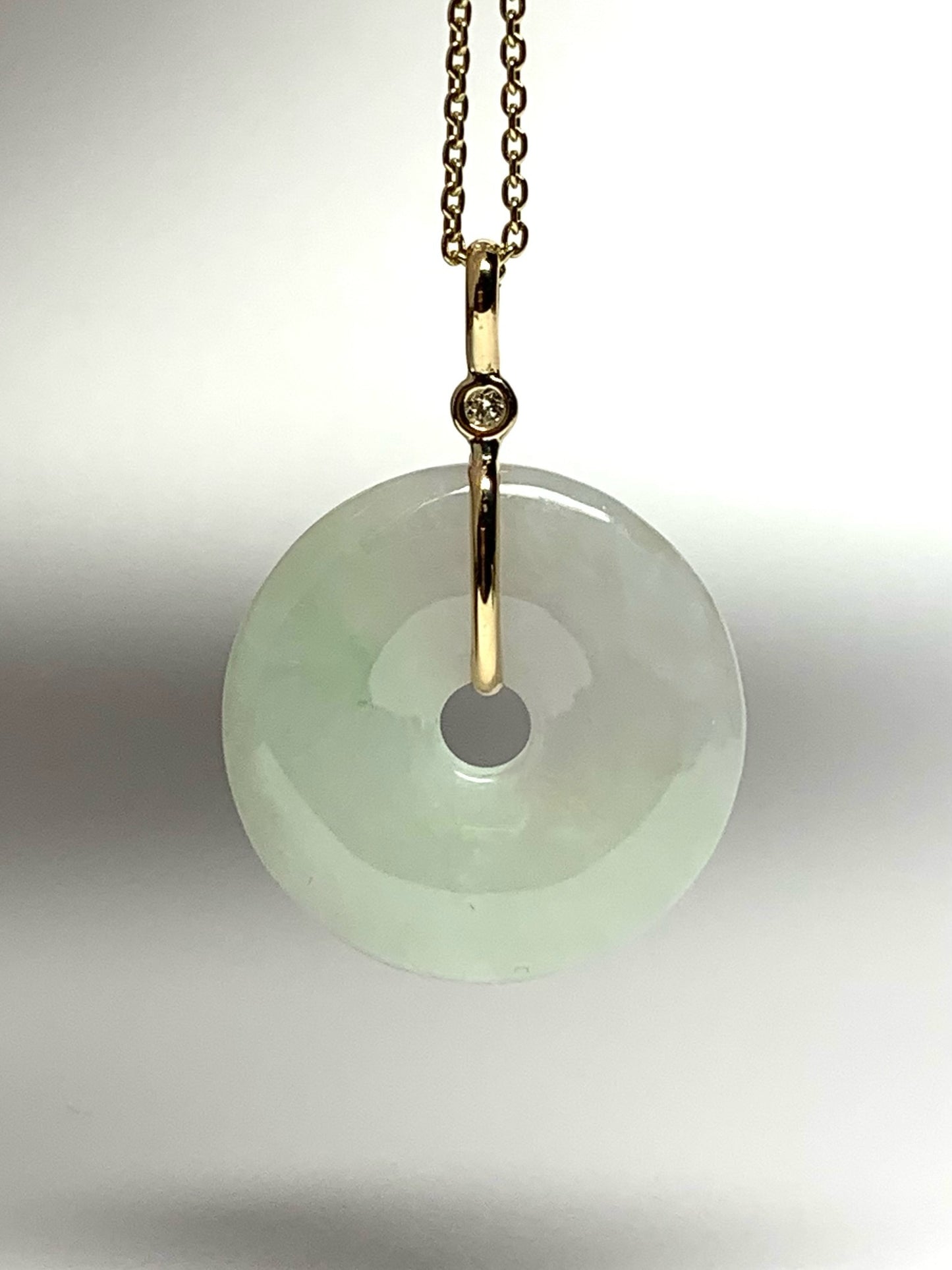 14k Solid Yellow Gold, Very Pale Green Jade “Donut”, White Diamond Pendant, Small Size