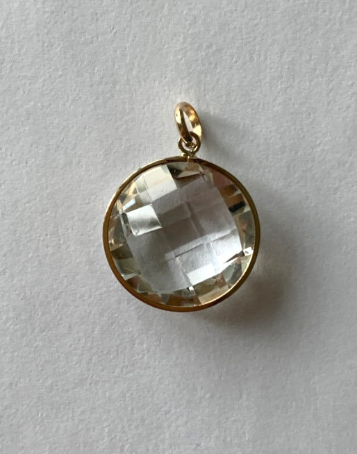 14K Solid Yellow Gold, Round Clear Quartz Drop Pendant
