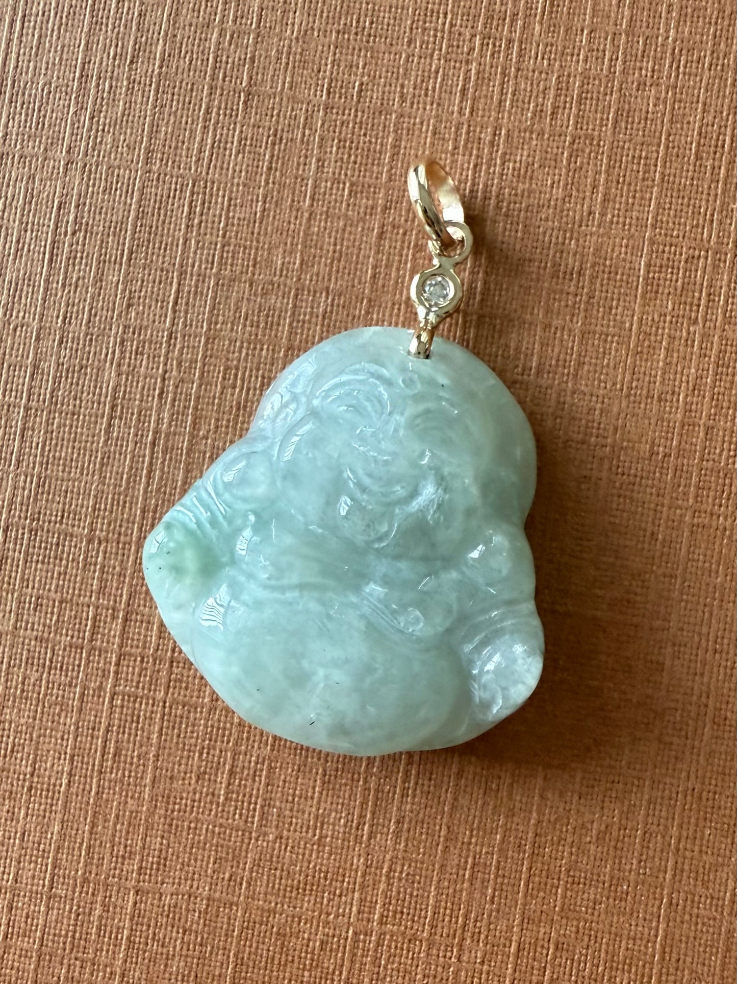 14K Solid Yellow Gold, Diamond, Pale Green Jade “Buddha” Pendant
