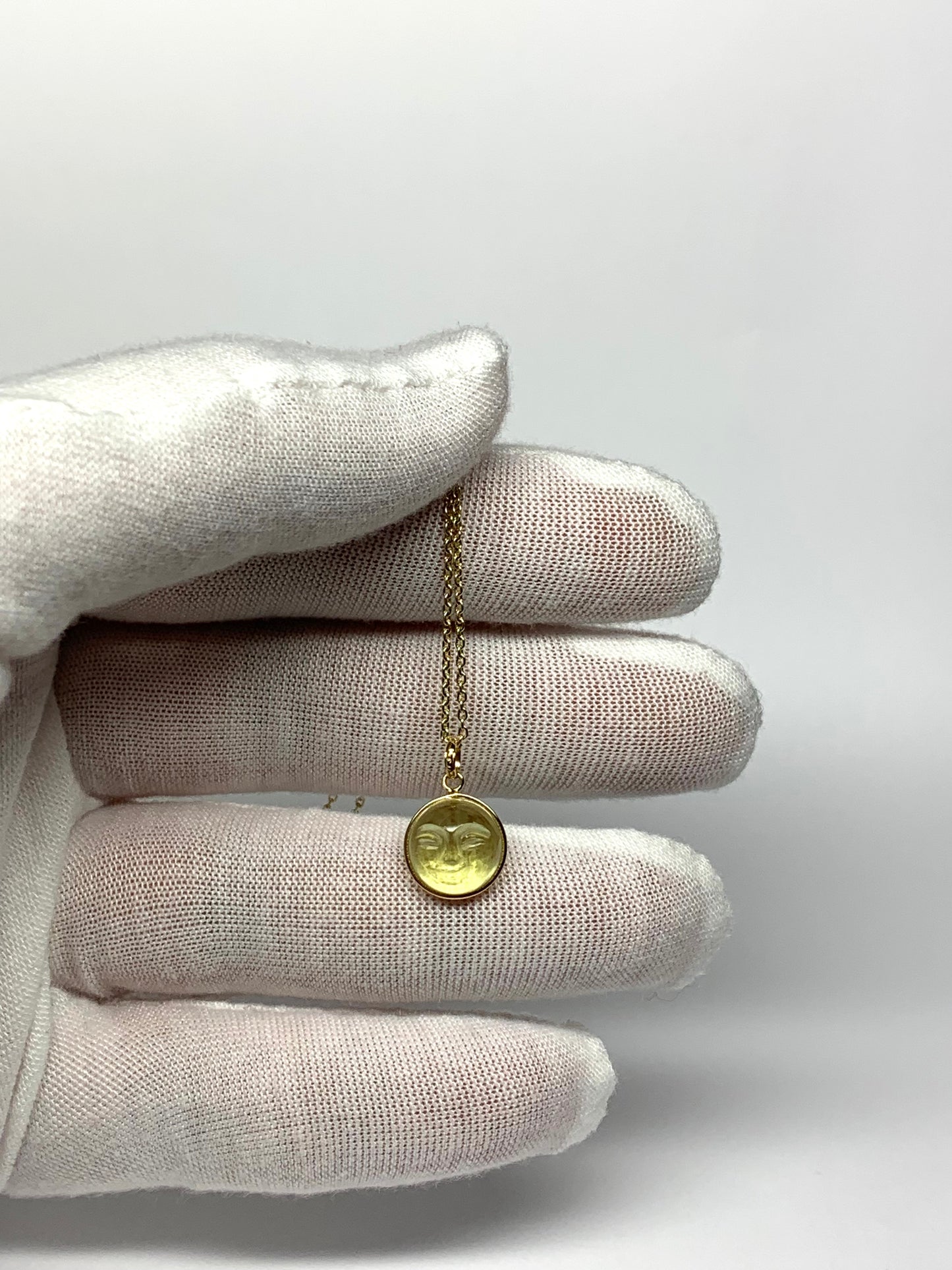 “Mini Moon" Pendant, 14K Solid Yellow Gold, Lemon Olive Quartz, Tiny Size