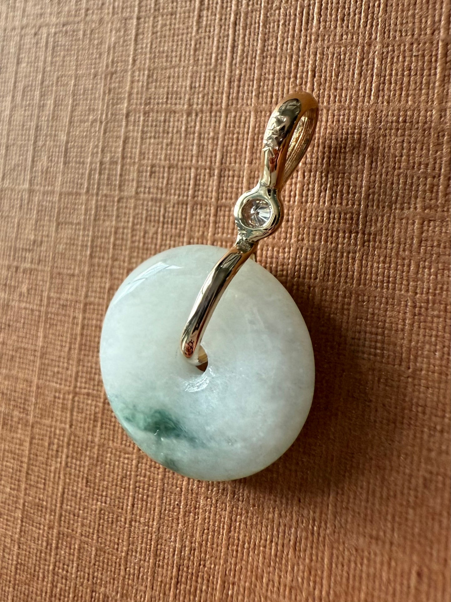 14k Solid Yellow Gold, White Diamond, Pale Green Jade “Donut” Pendant, Mini Size